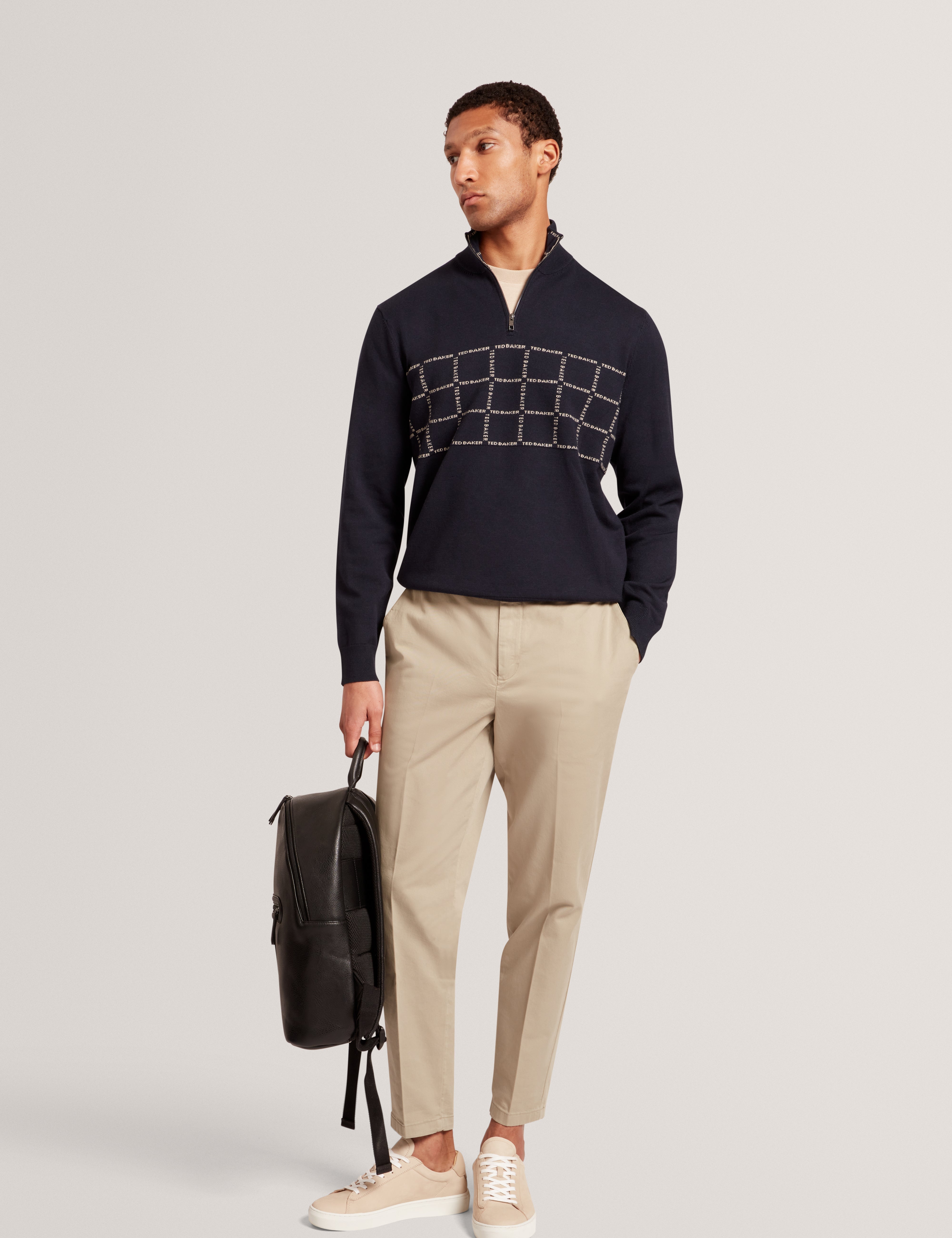 Robinsn Long Sleeve Branded Check Half Zip Shirt Navy