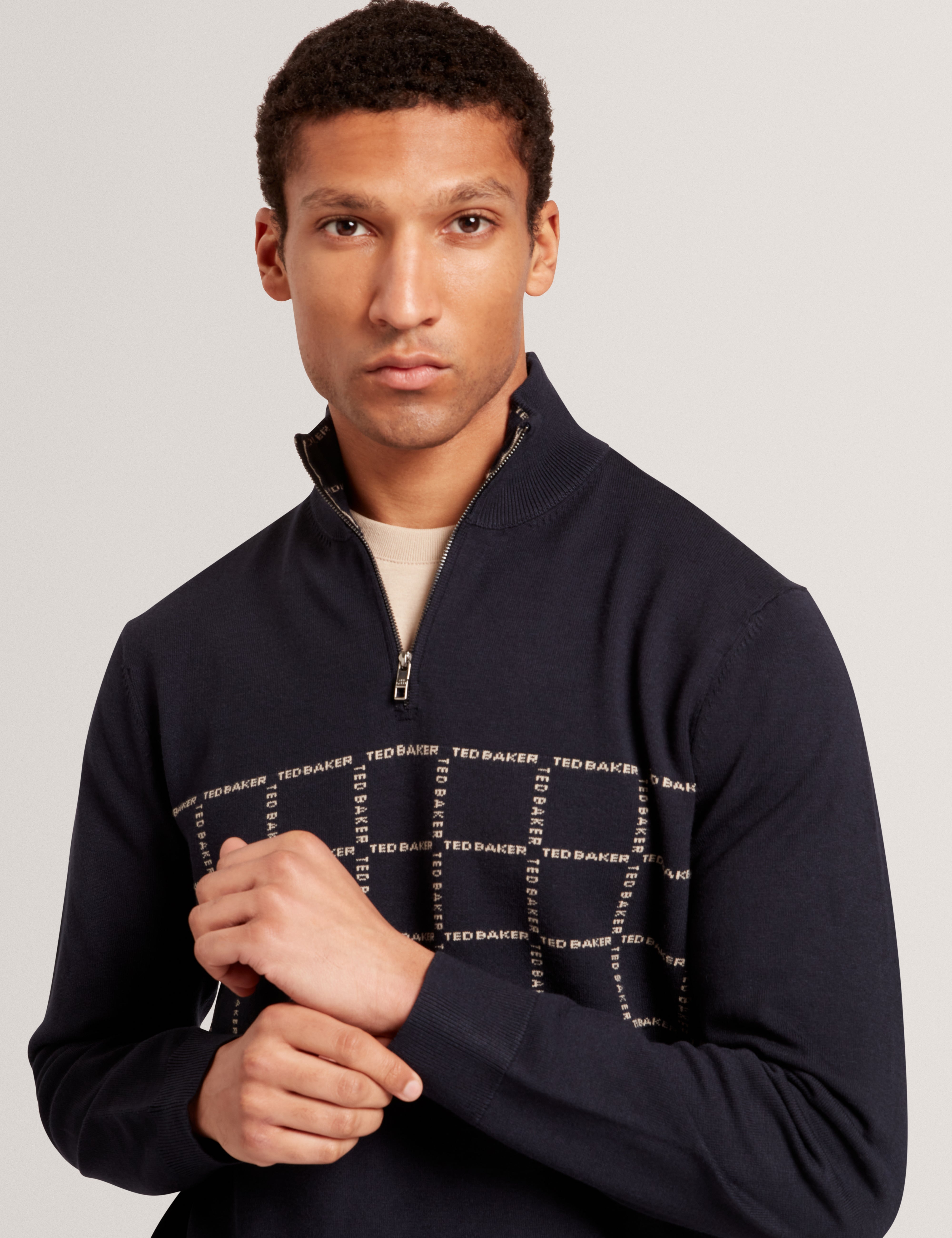 Robinsn Long Sleeve Branded Check Half Zip Shirt Navy