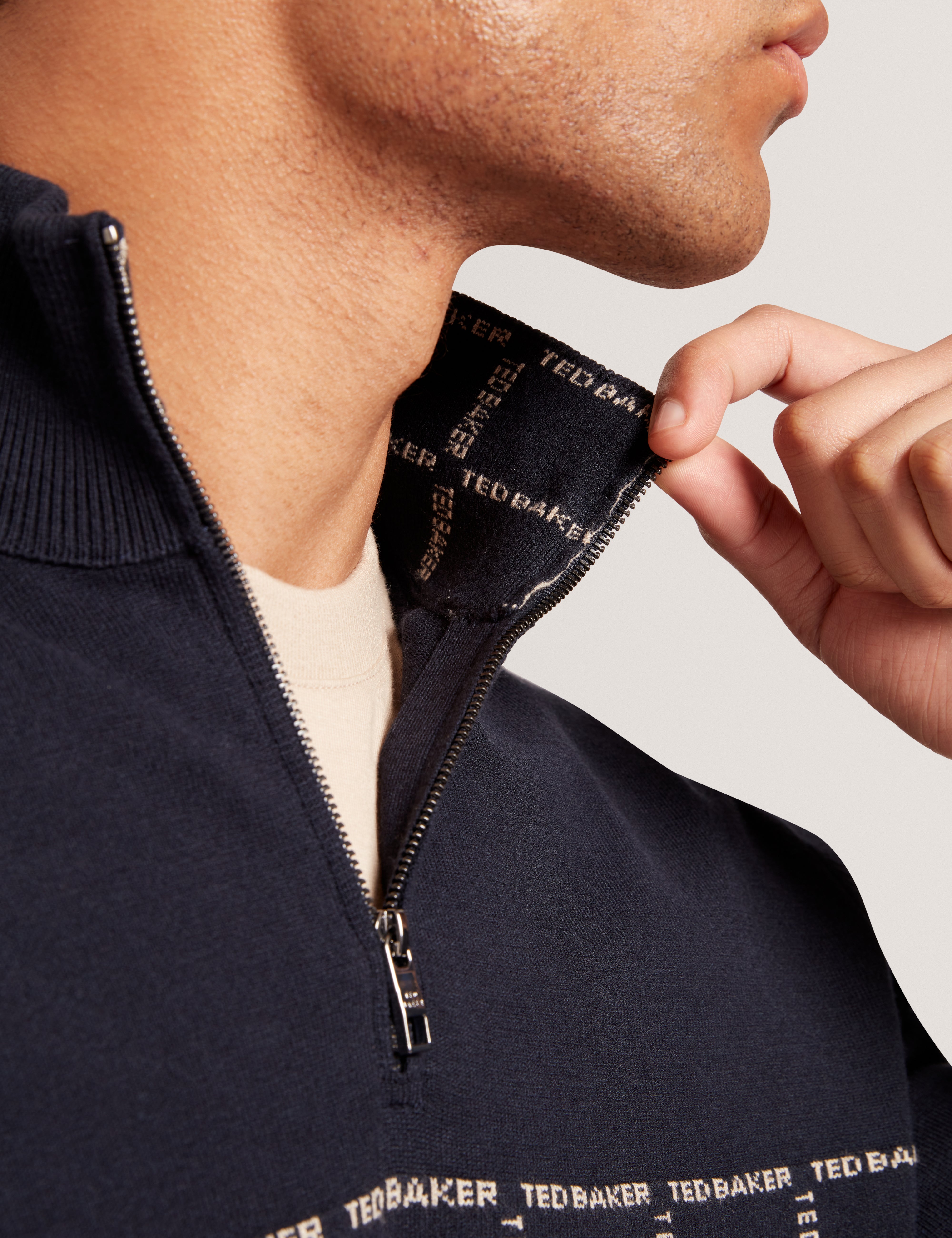 Robinsn Long Sleeve Branded Check Half Zip Shirt Navy