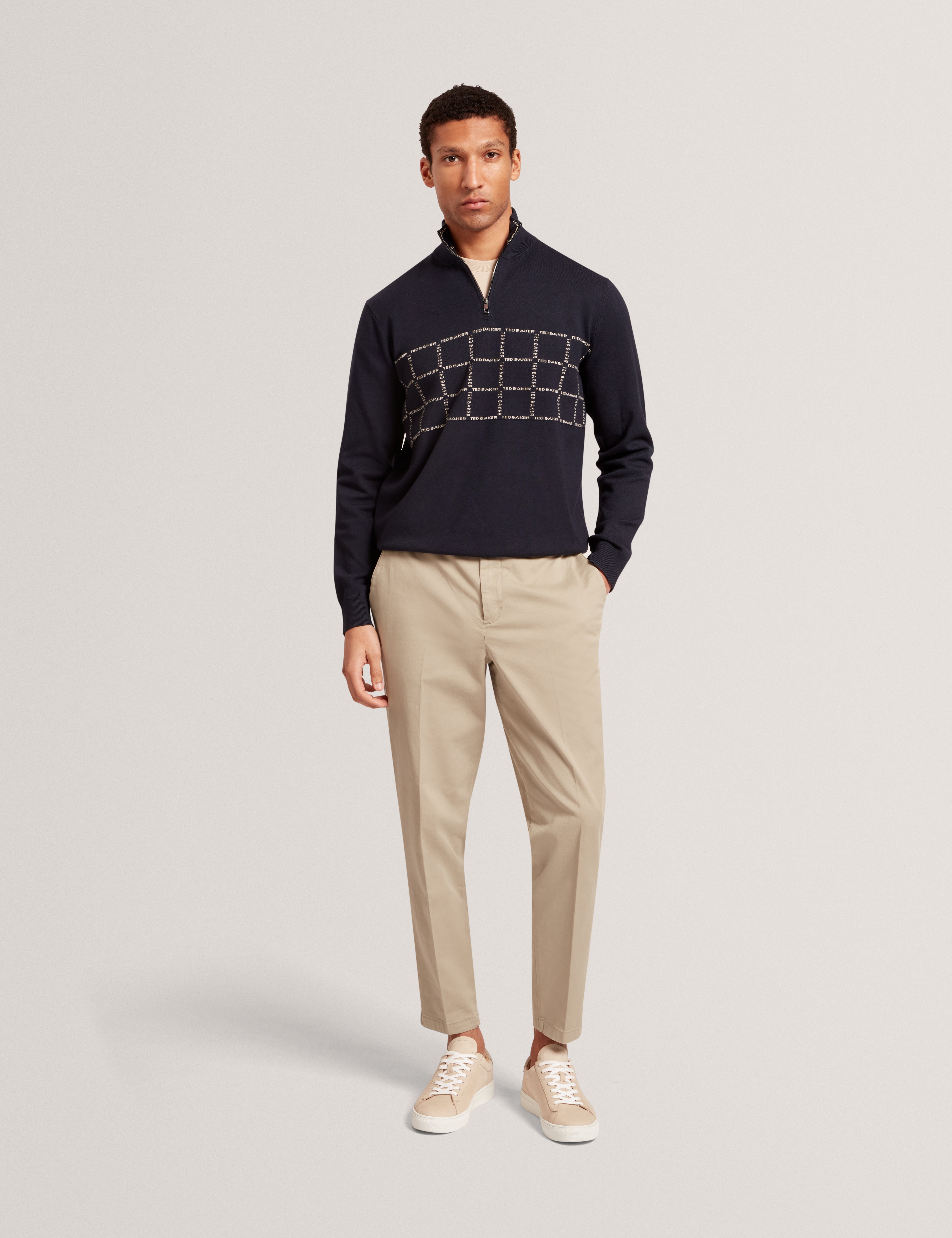 Robinsn Long Sleeve Branded Check Half Zip Shirt Navy