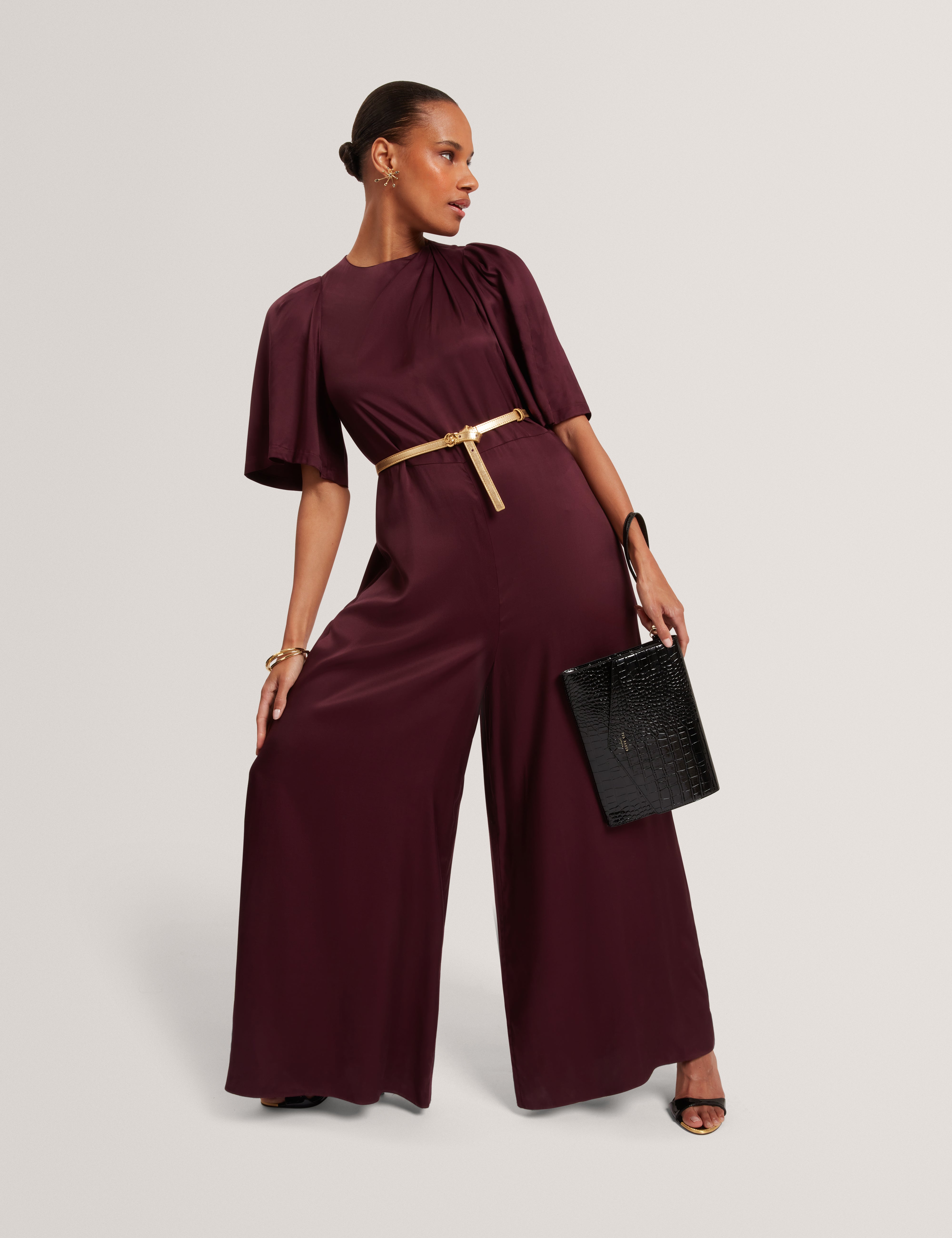 Taupa Drape Neck Wide Leg Jumpsuit Oxblood