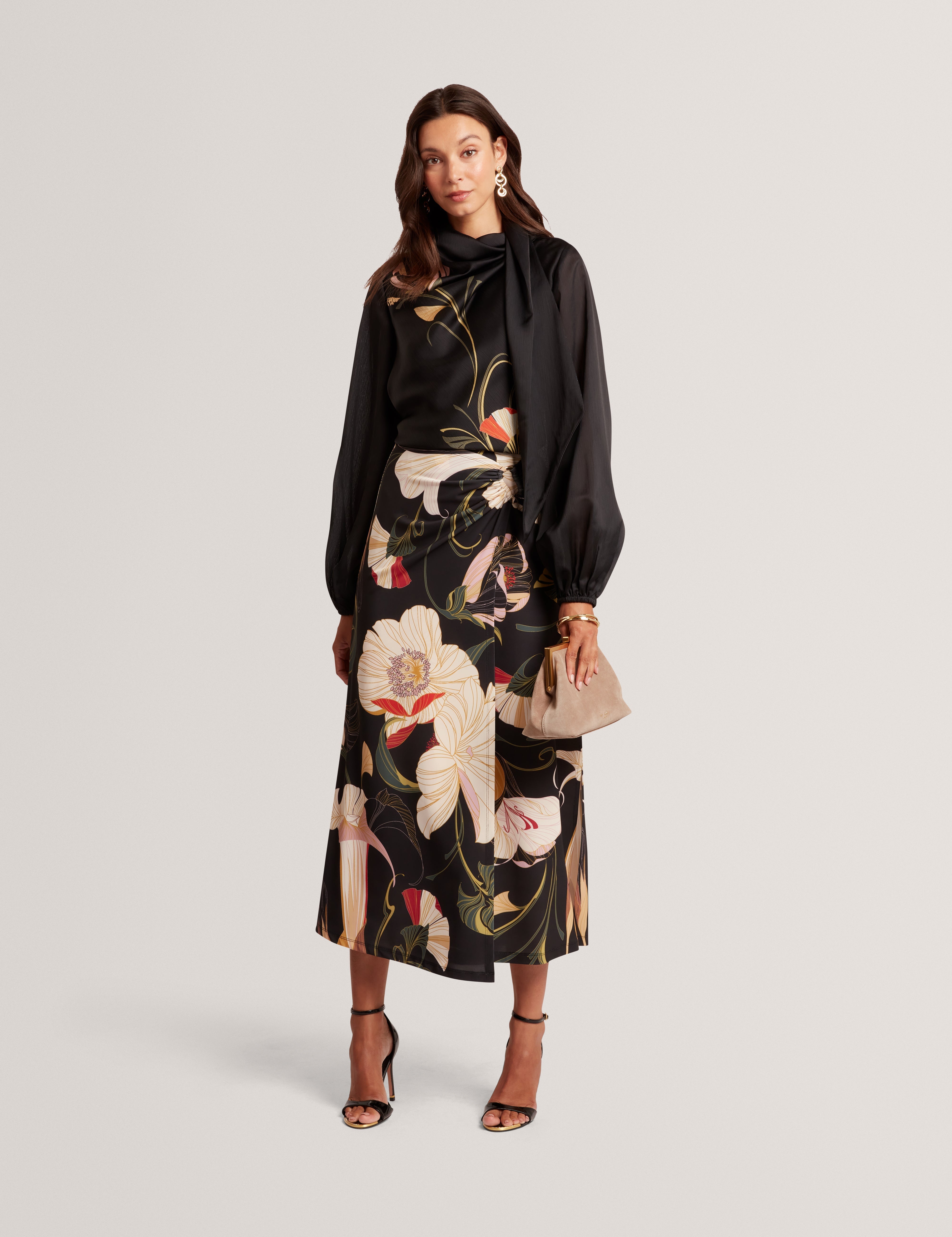 Ortuga Neck Tie Printed Long Sleeve Top Black