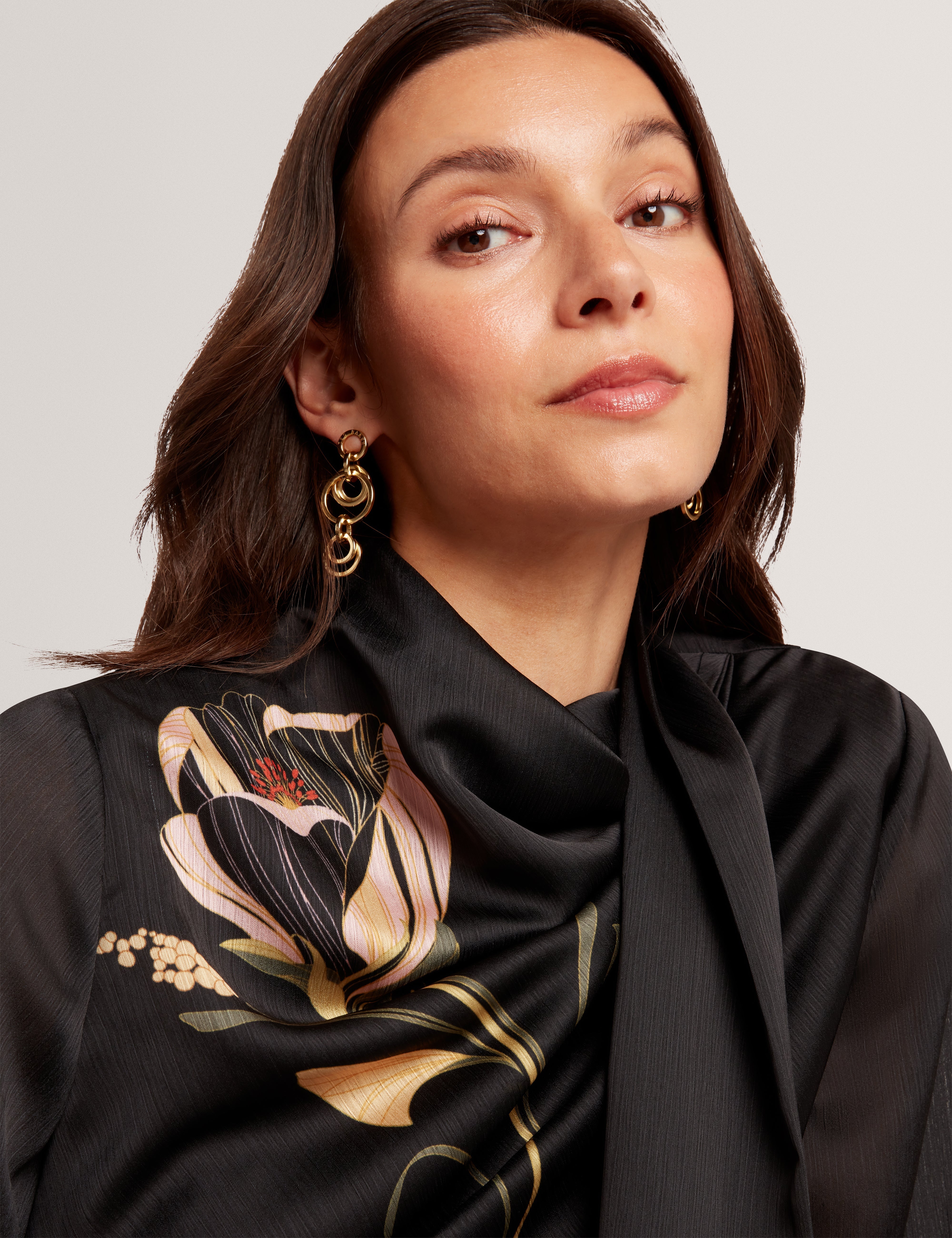 Ortuga Neck Tie Printed Long Sleeve Top Black