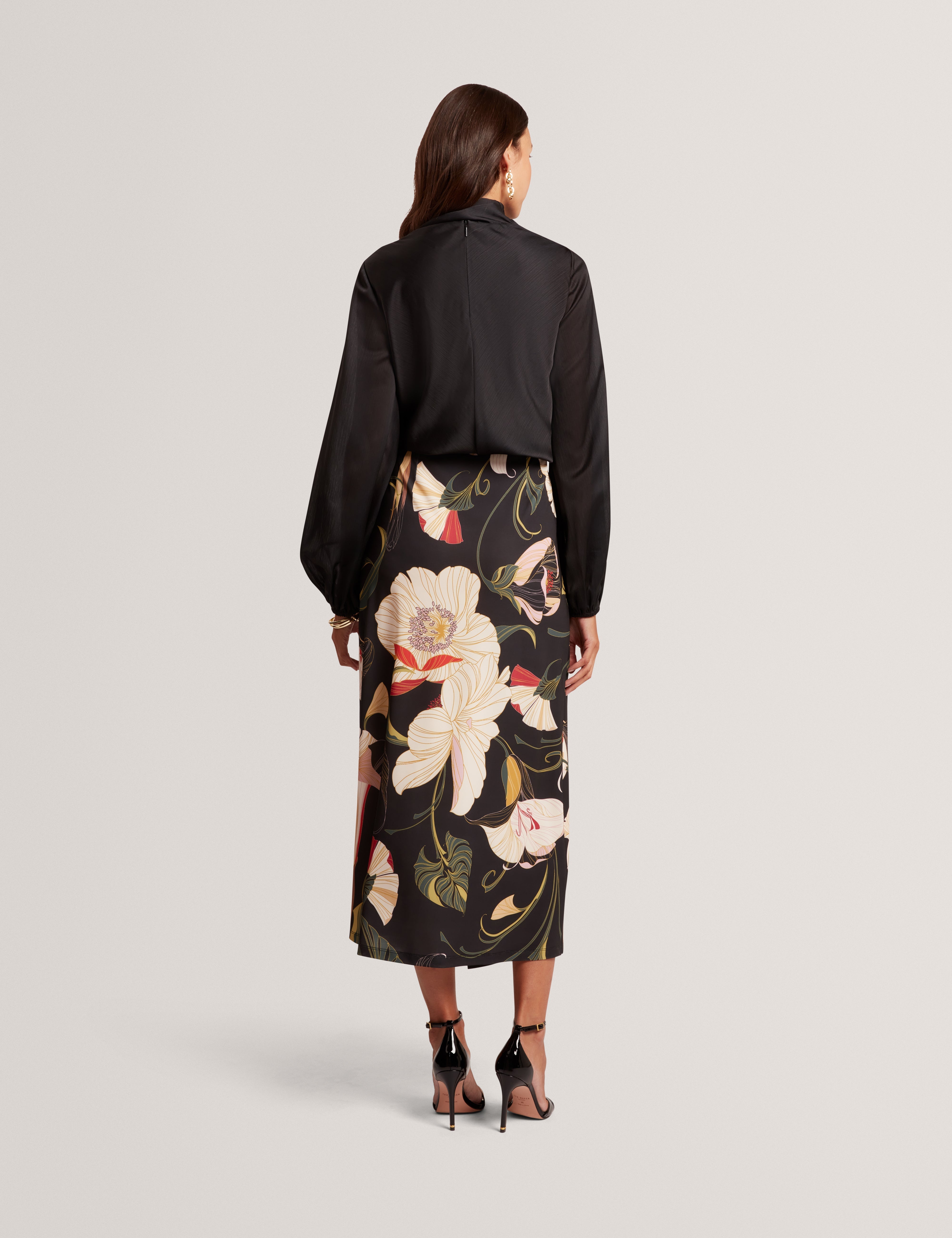 Ortuga Neck Tie Printed Long Sleeve Top Black