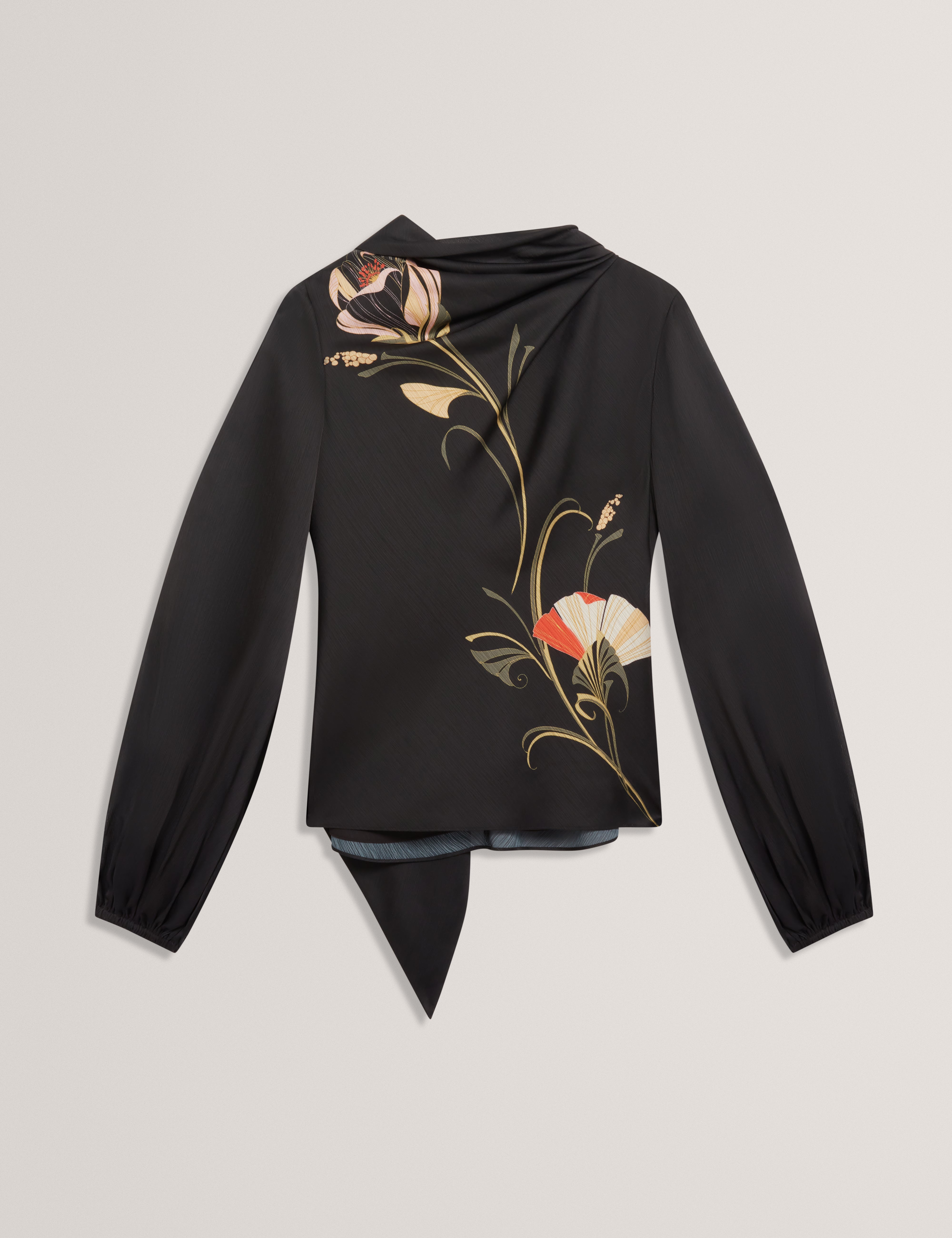 Ortuga Neck Tie Printed Long Sleeve Top Black