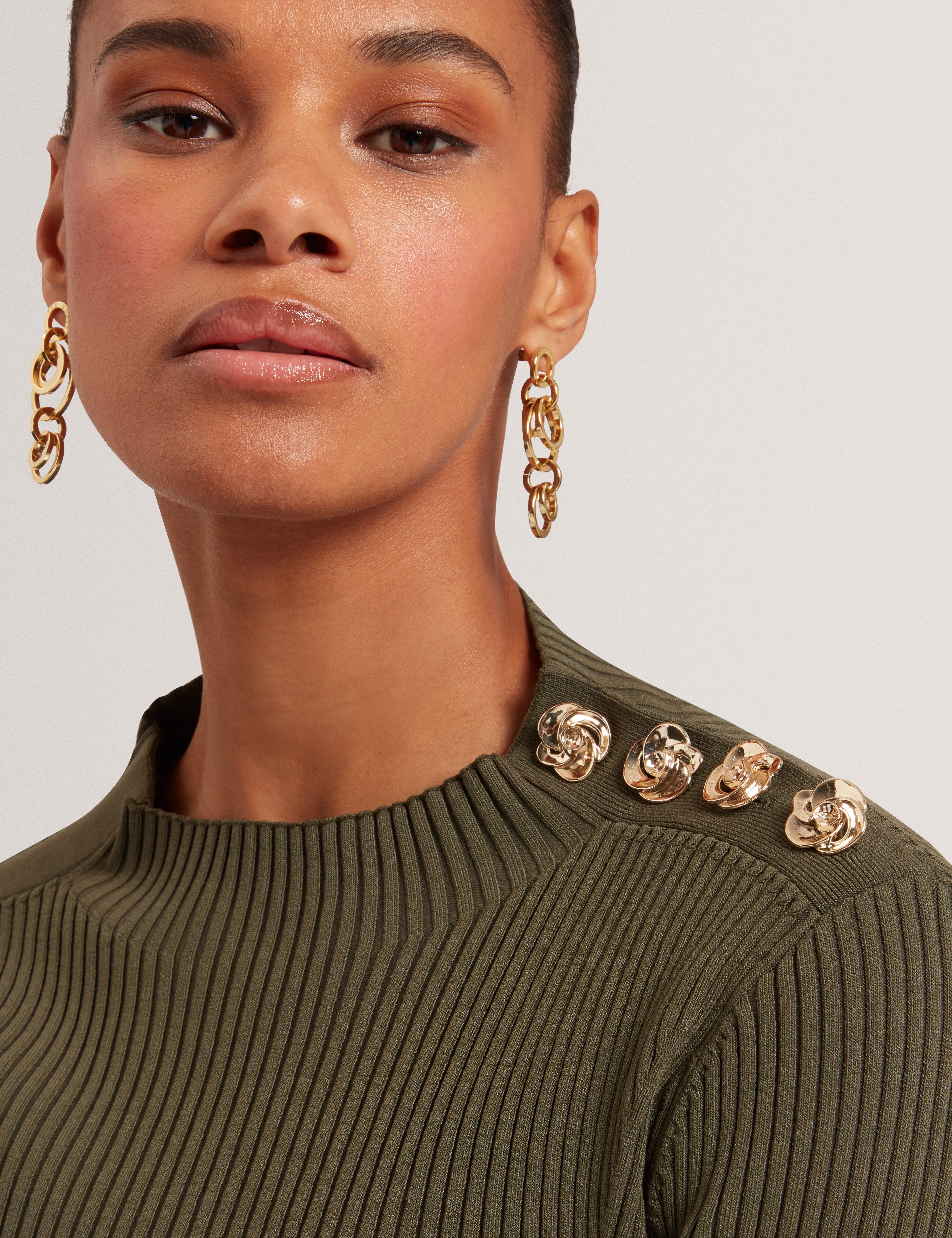 Bleana Rose Button Detail Long Sleeve Knitted T Dk-Green