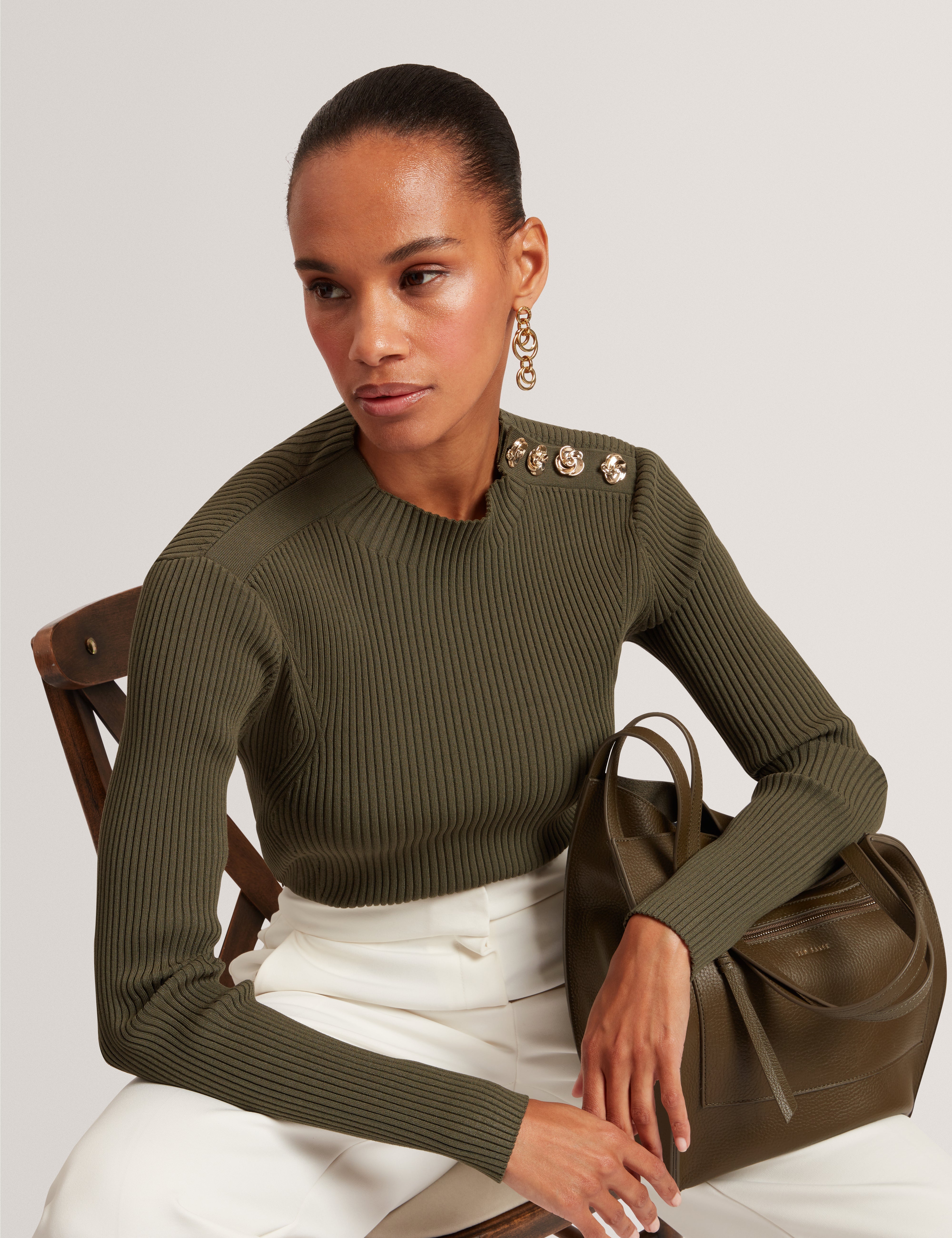Bleana Rose Button Detail Long Sleeve Knitted T Dk-Green