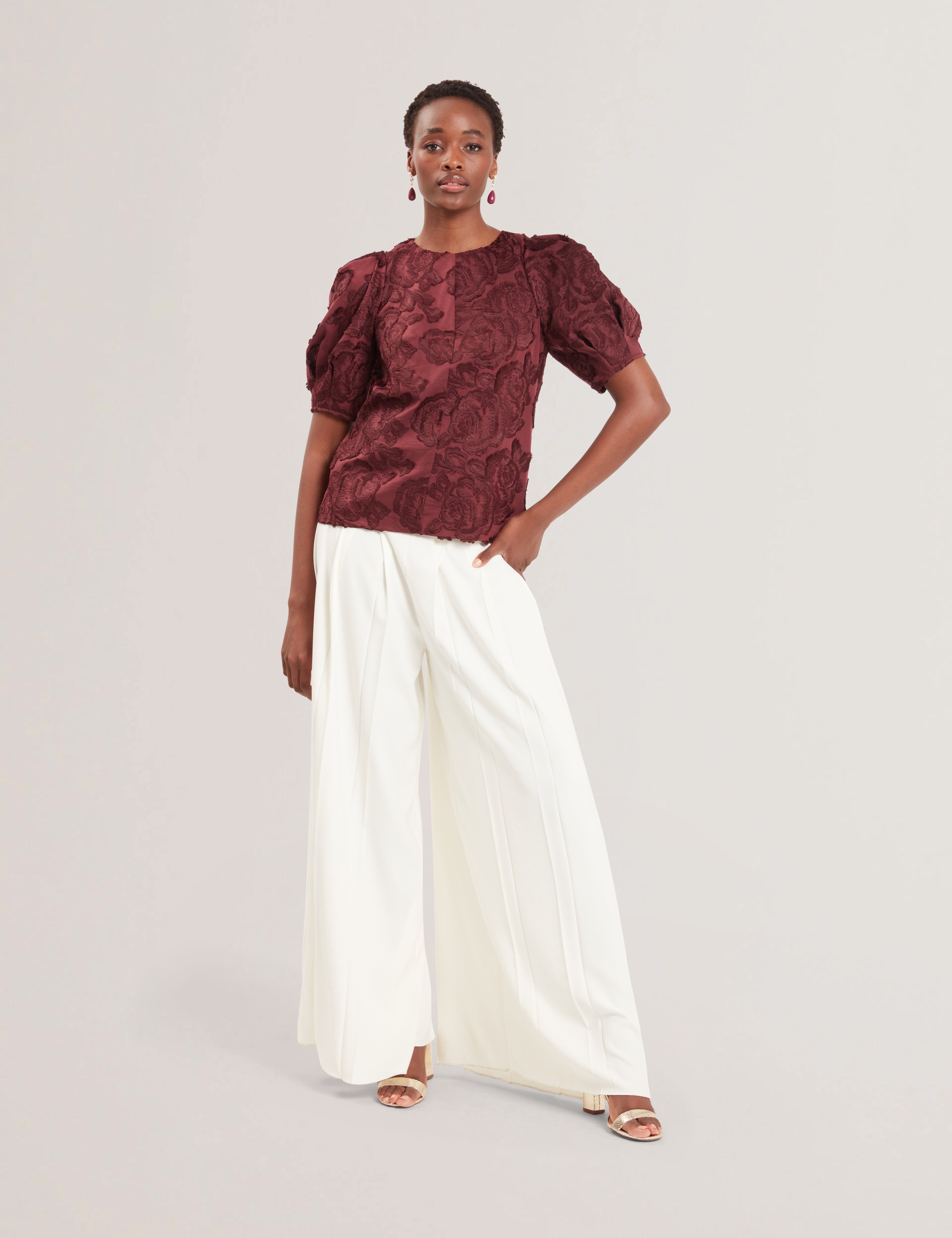 Teodori Puff Sleeve Textured Rose Top Oxblood
