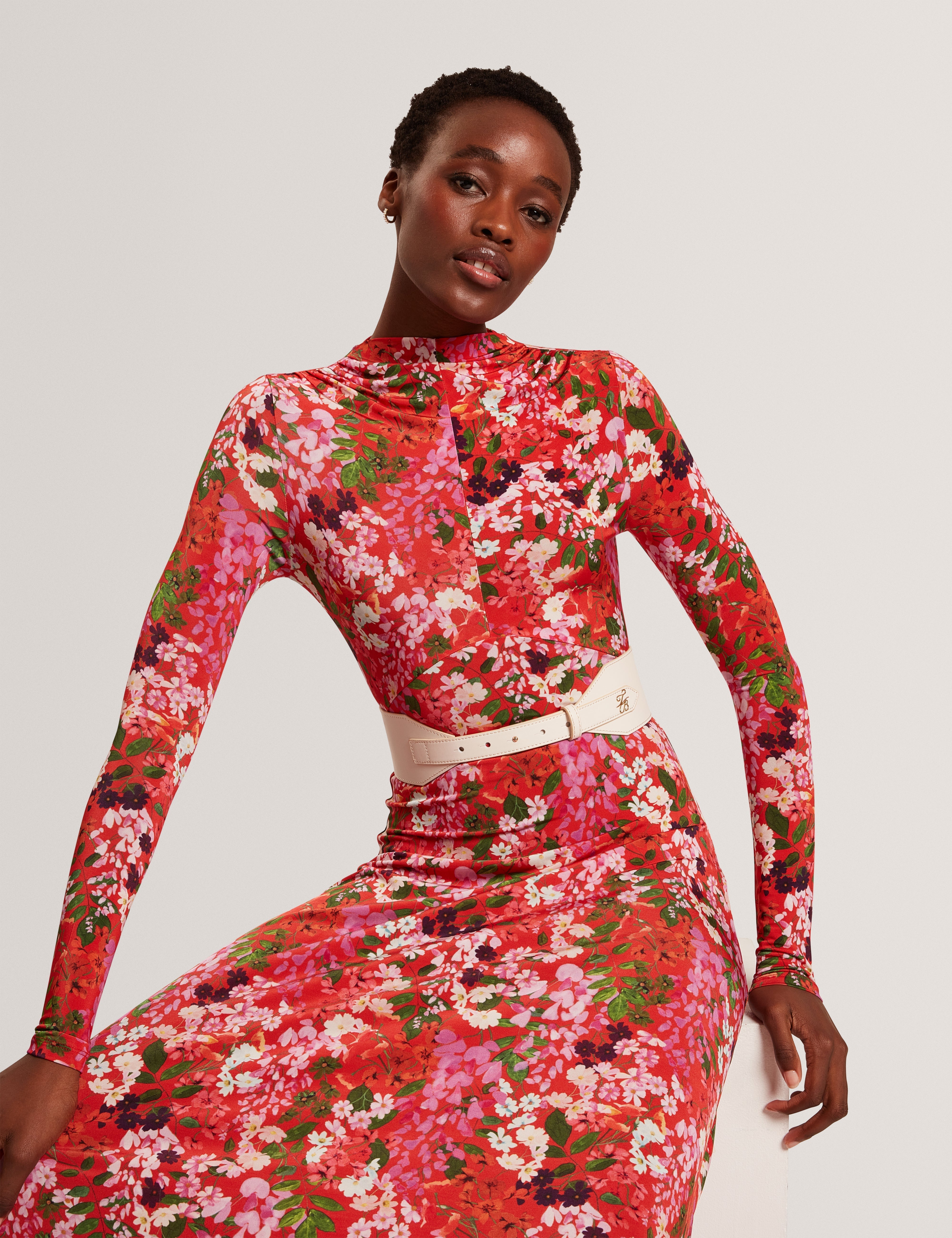 Roksane Slinky Jersey Printed Midi Dress Red