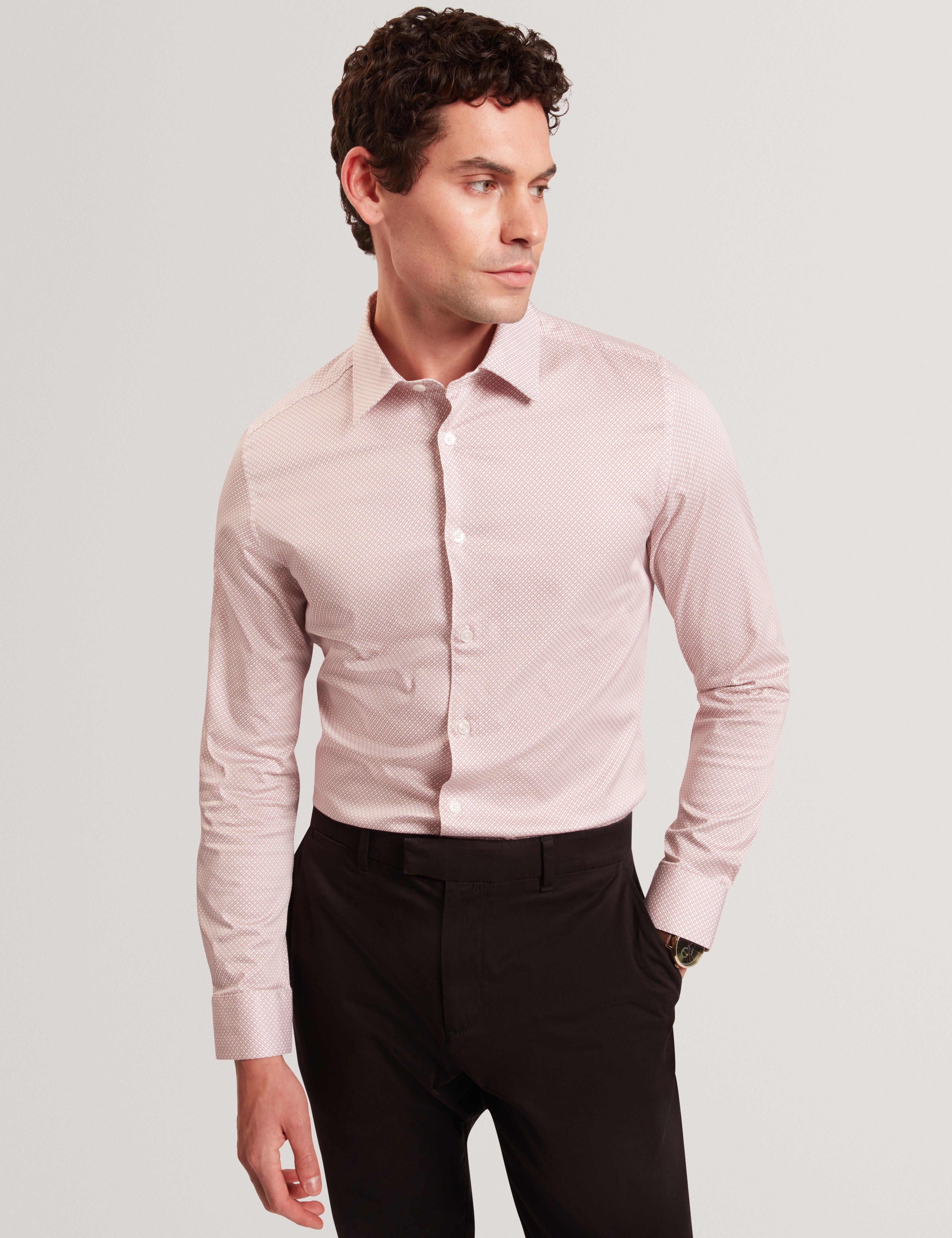 Olweno Long Sleeve Slim Fit Geo Print Shirt Lt-Pink