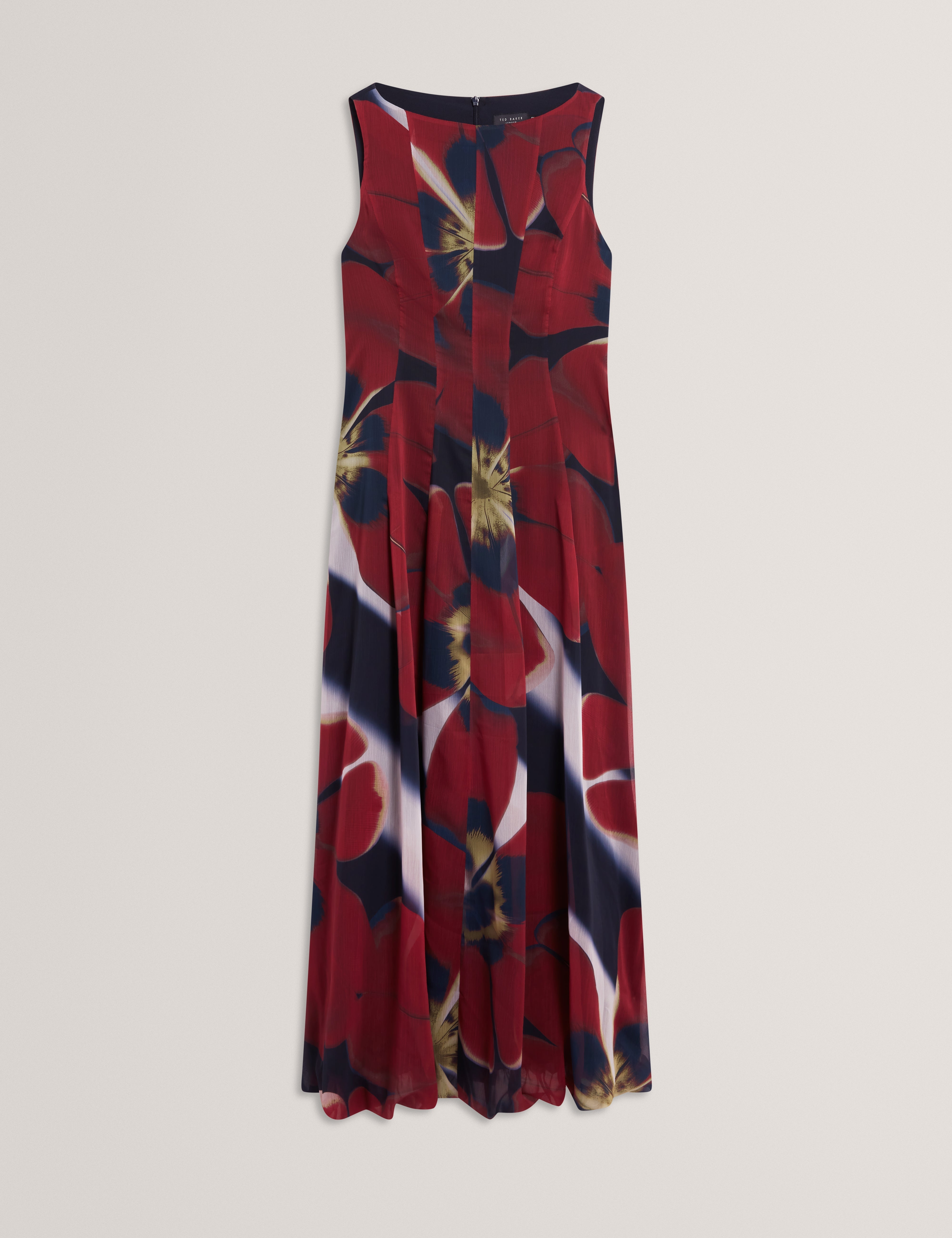 فستان Laynia متوسط ​​الطول بحافة منتفخة ومطبوع وتفاصيل درزات باللون الأزرق الداكن