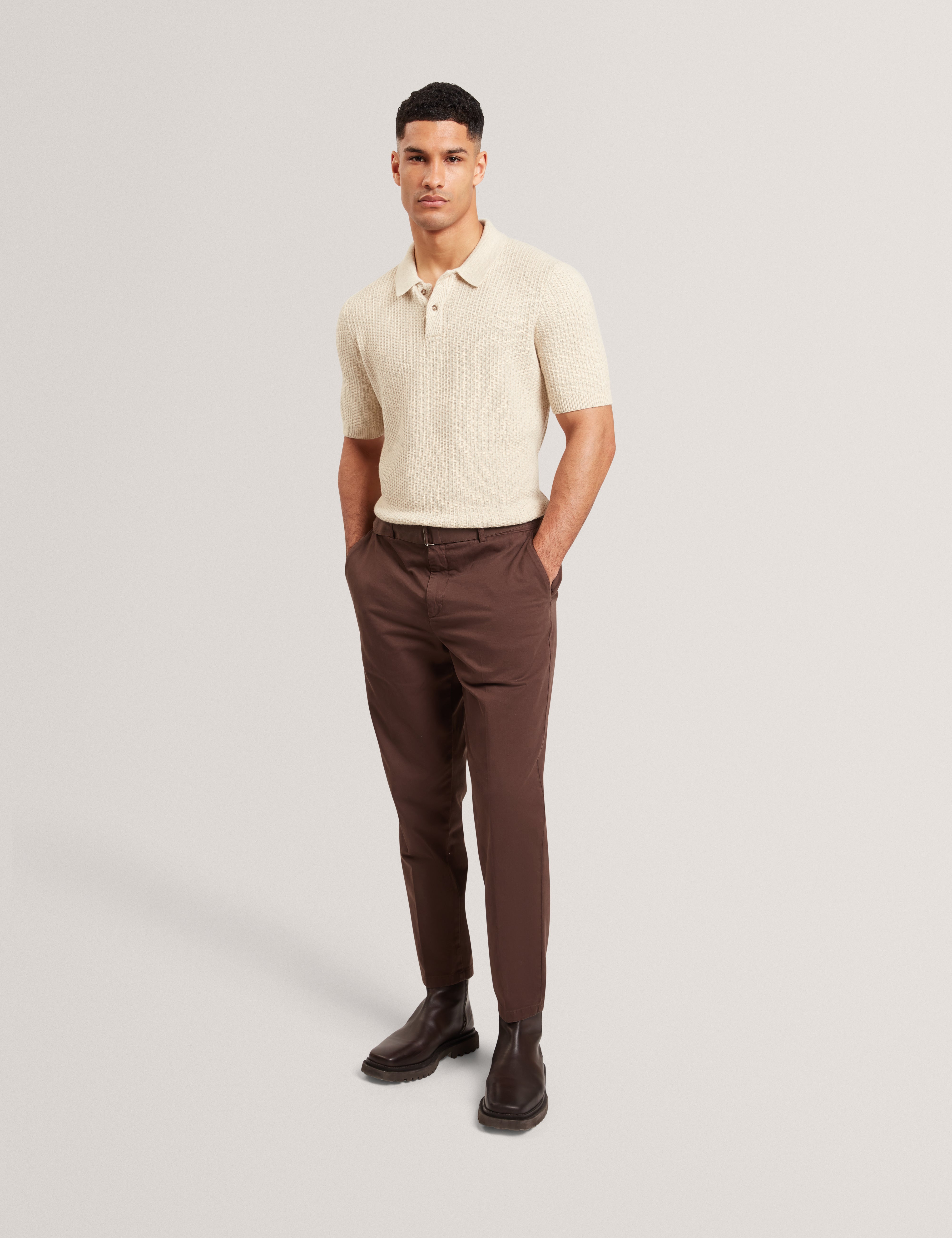 Caelum Short Sleeve Herringbone Placement Stitch Polo Natural