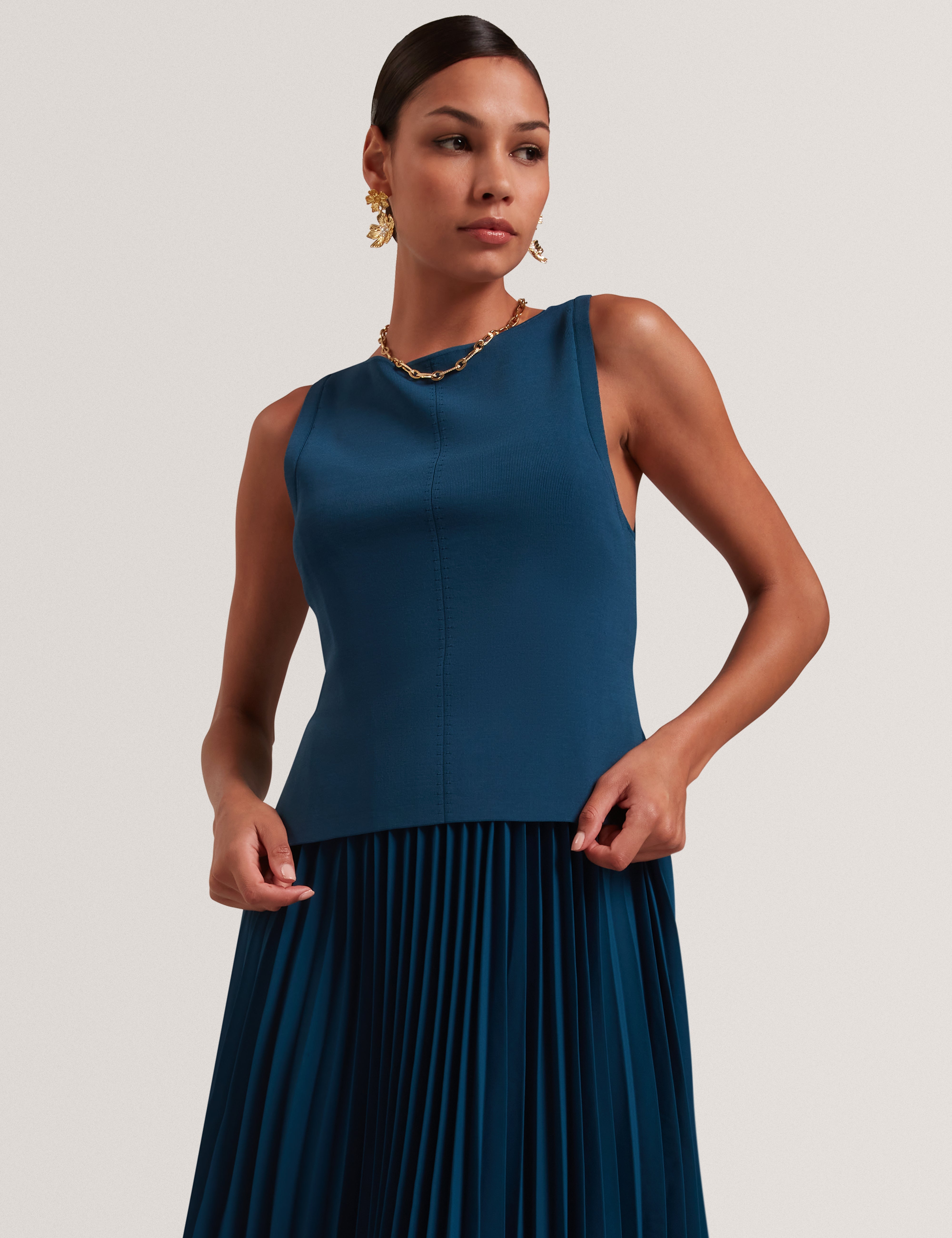 Leeyama 2 In 1 Knit Top With Pleat Cami Dress Dk-Blue