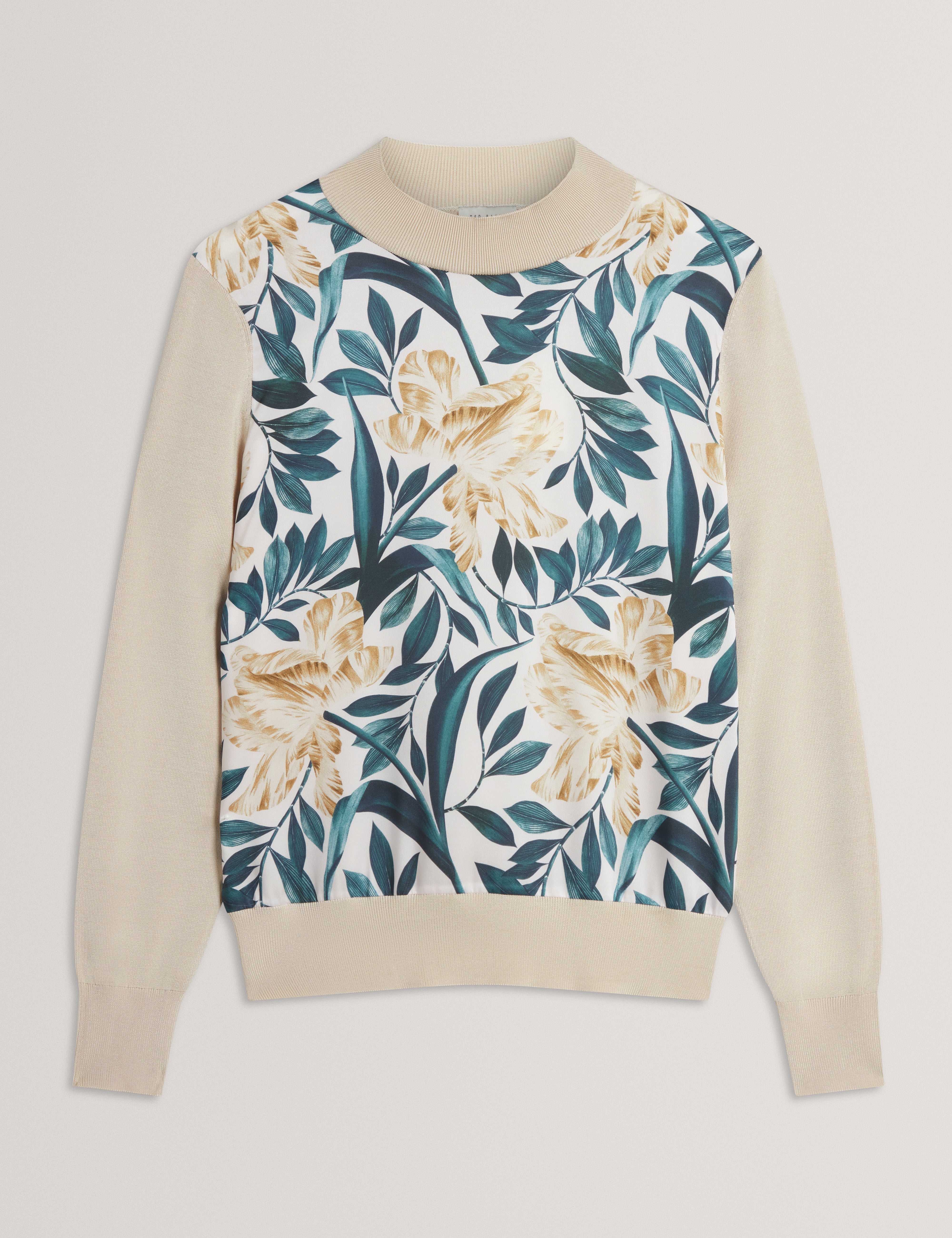 Merrni Printed Woven Front Knit Top Ivory