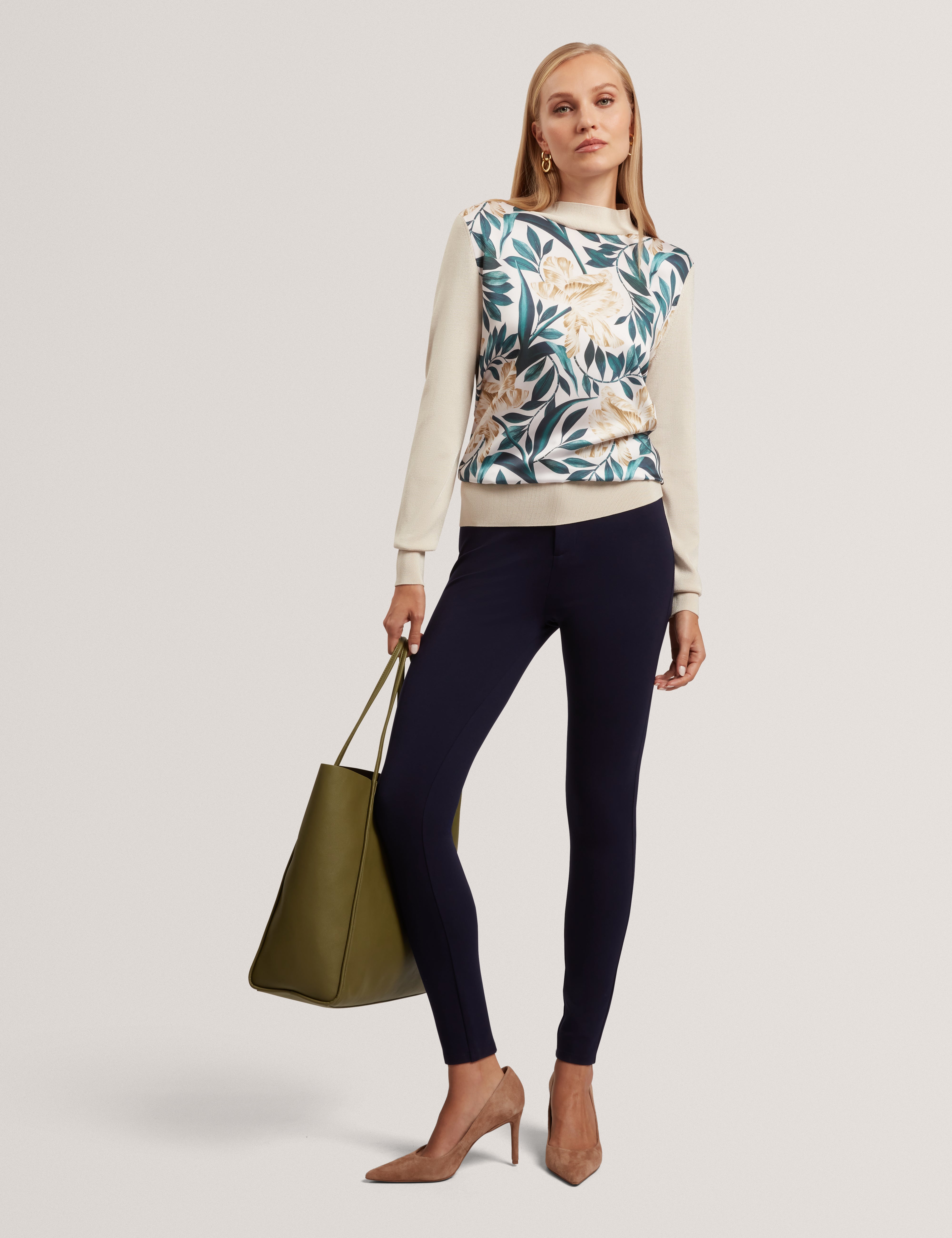 Merrni Printed Woven Front Knit Top Ivory