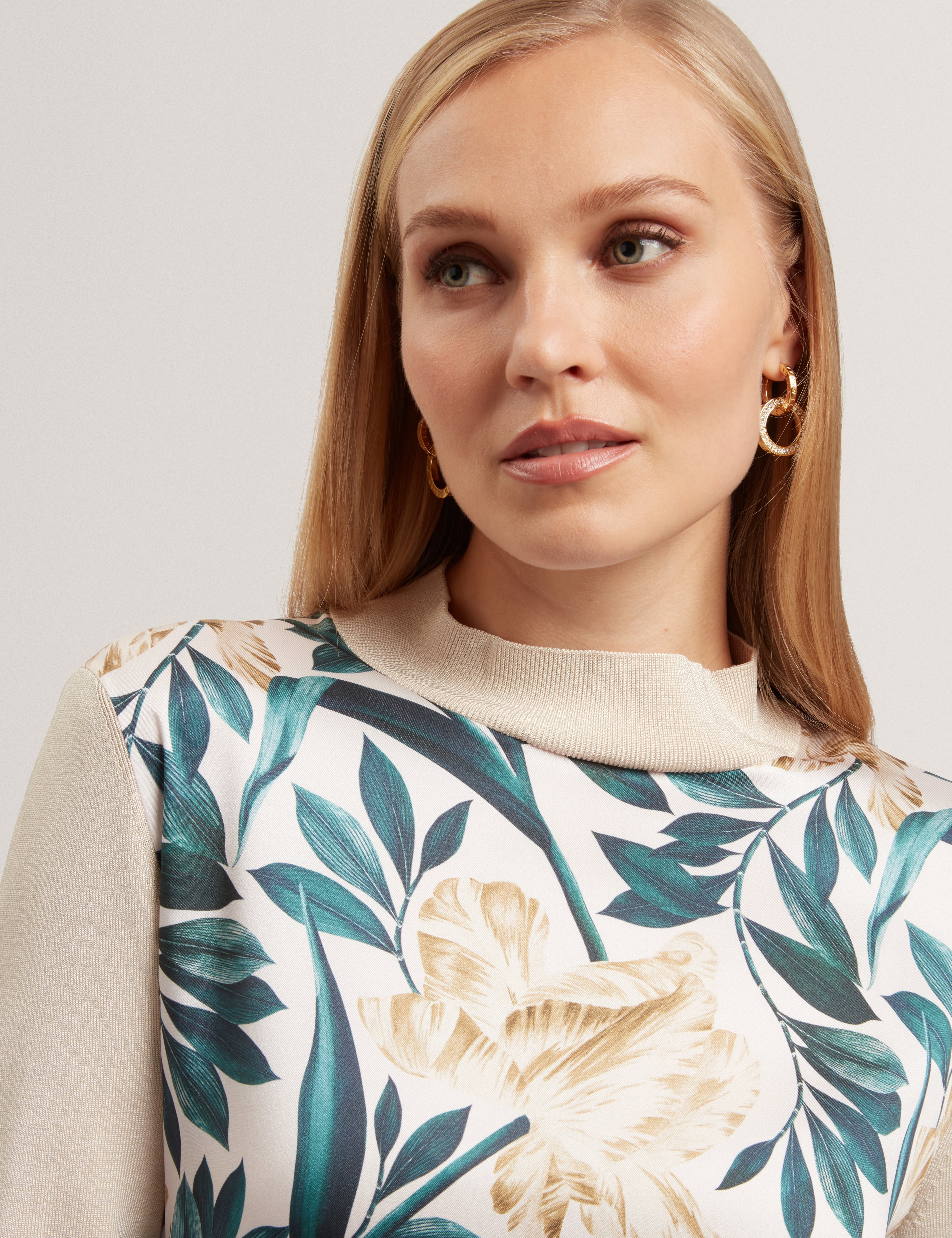 Merrni Printed Woven Front Knit Top Ivory