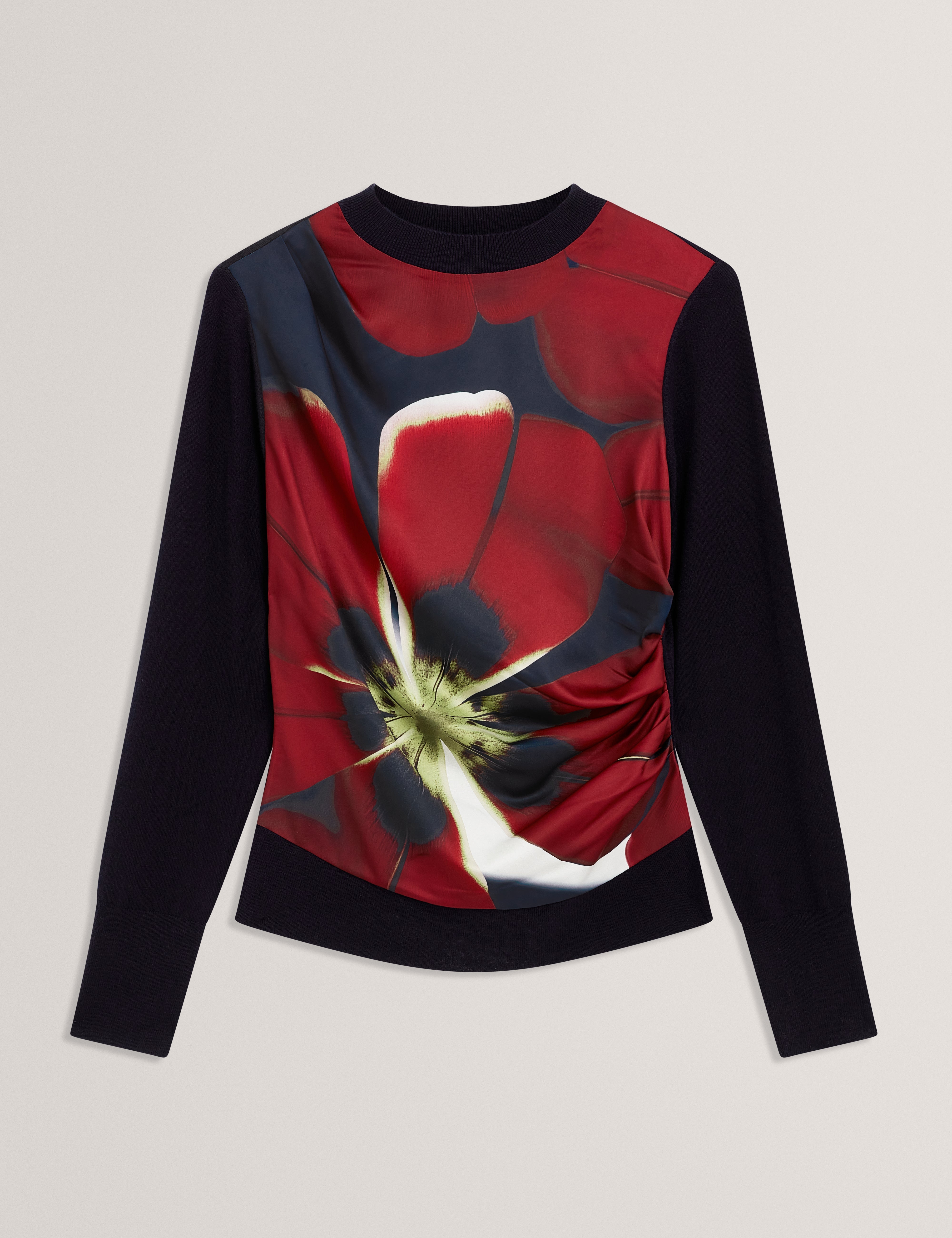 Mawie Printed Draped Front Knitted Top Navy