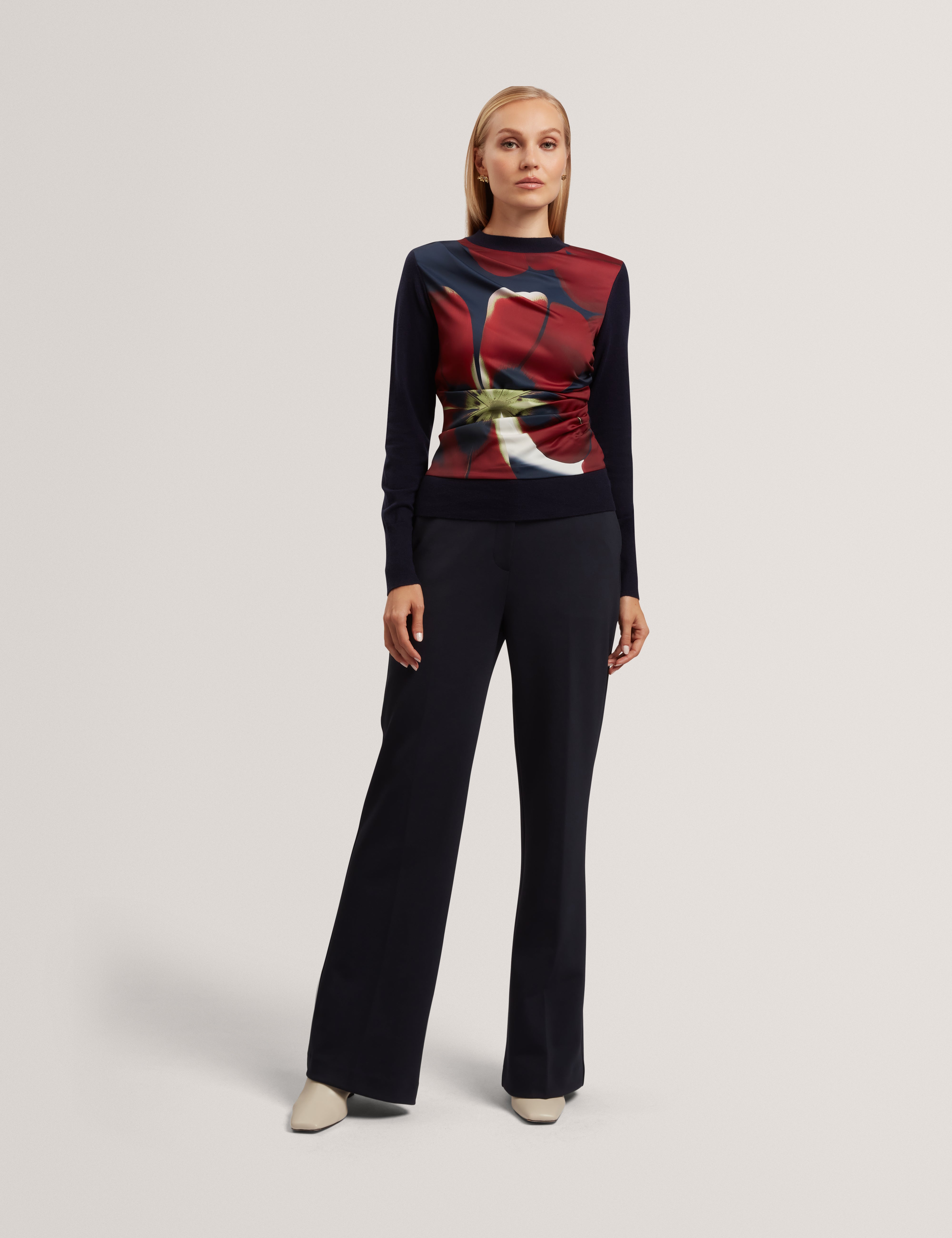 Mawie Printed Draped Front Knitted Top Navy