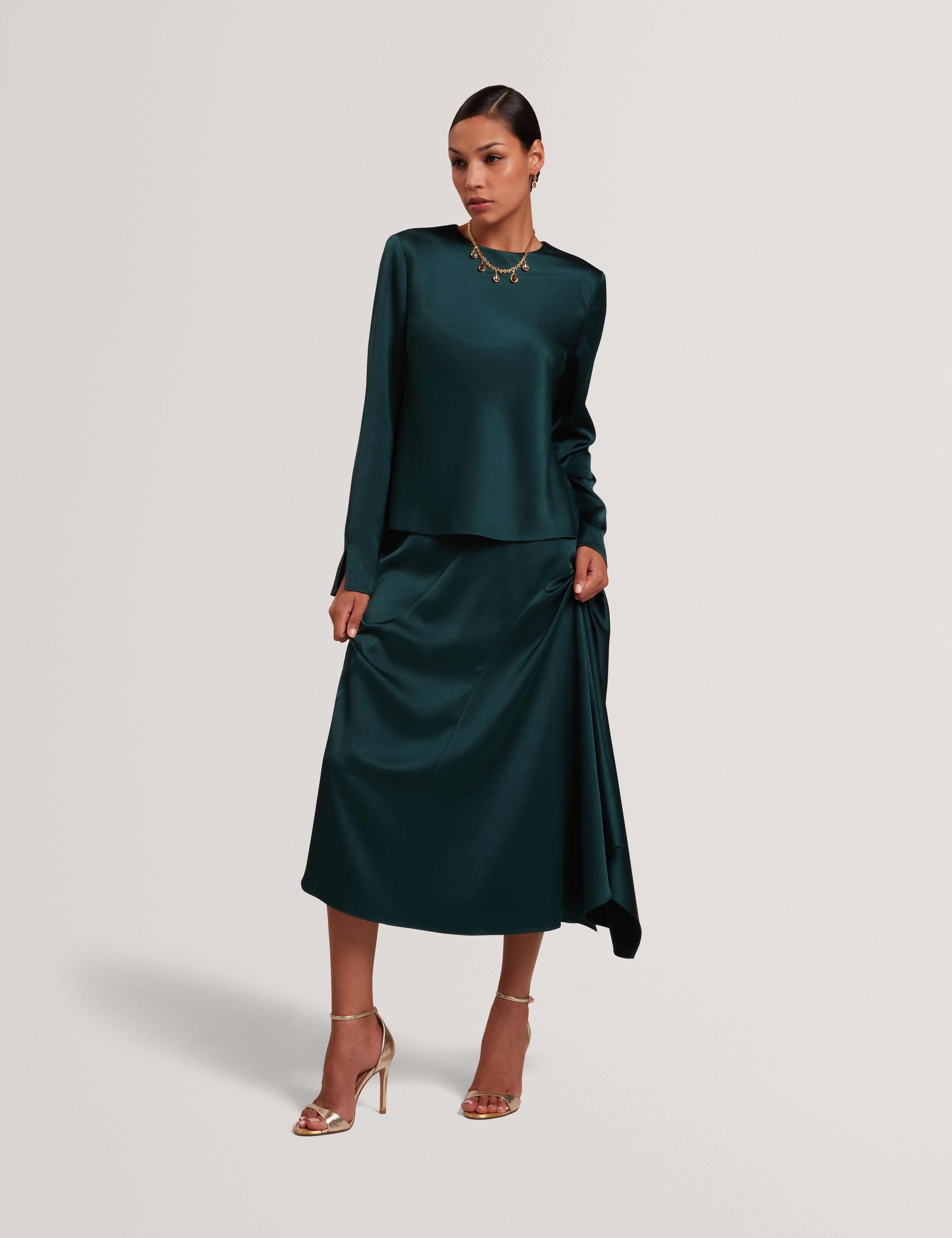 Bolsena Satin Midi Skirt With Asymmetric Hem Dk-Green