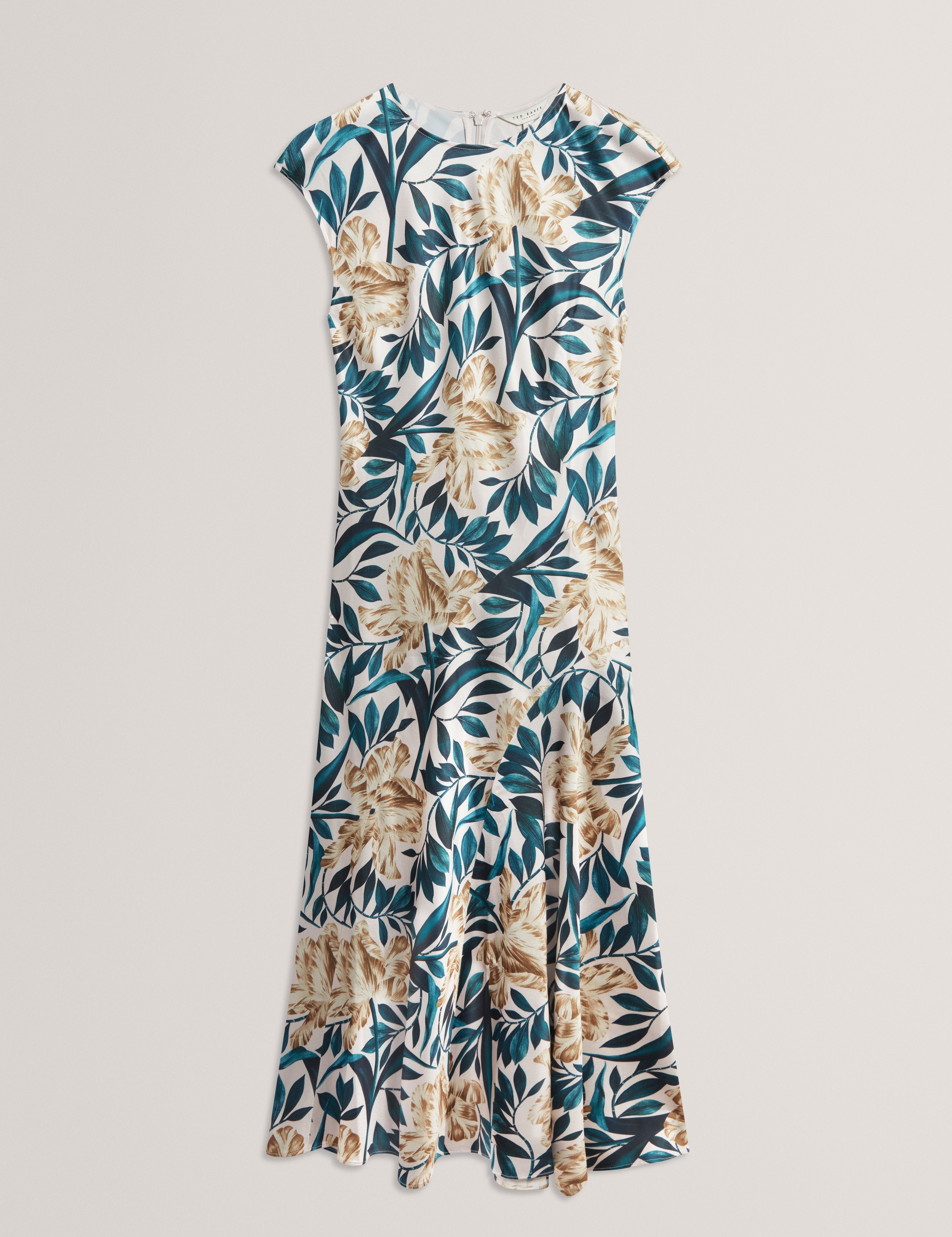 فستان أيبي ميدي غير متماثل بدون أكمام مطبوع كريمي