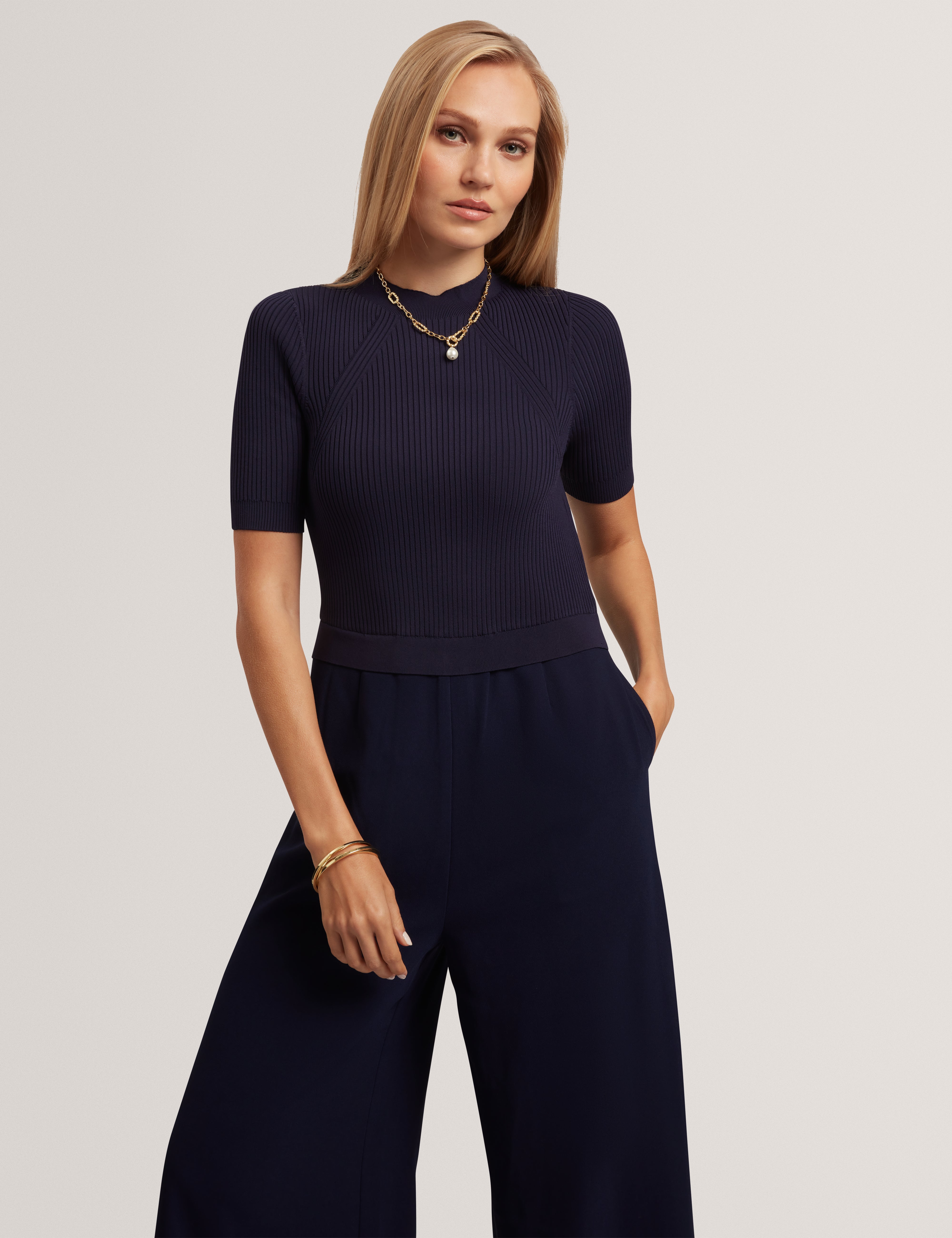 Aellaa Knit Bodice Jumpsuit Navy