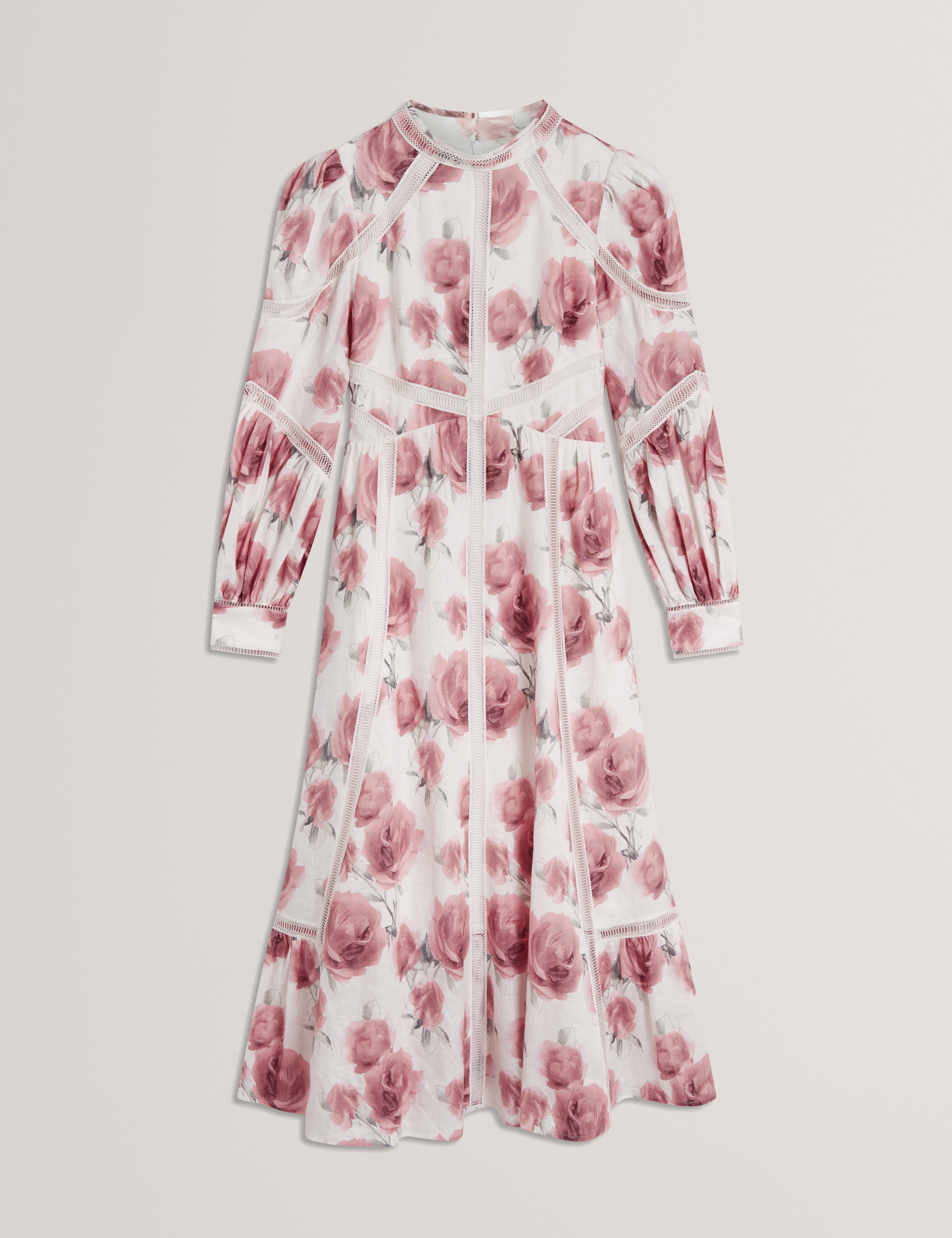 فستان فريلا متوسط ​​الطول بأكمام طويلة وطبعة زهور، عاجي