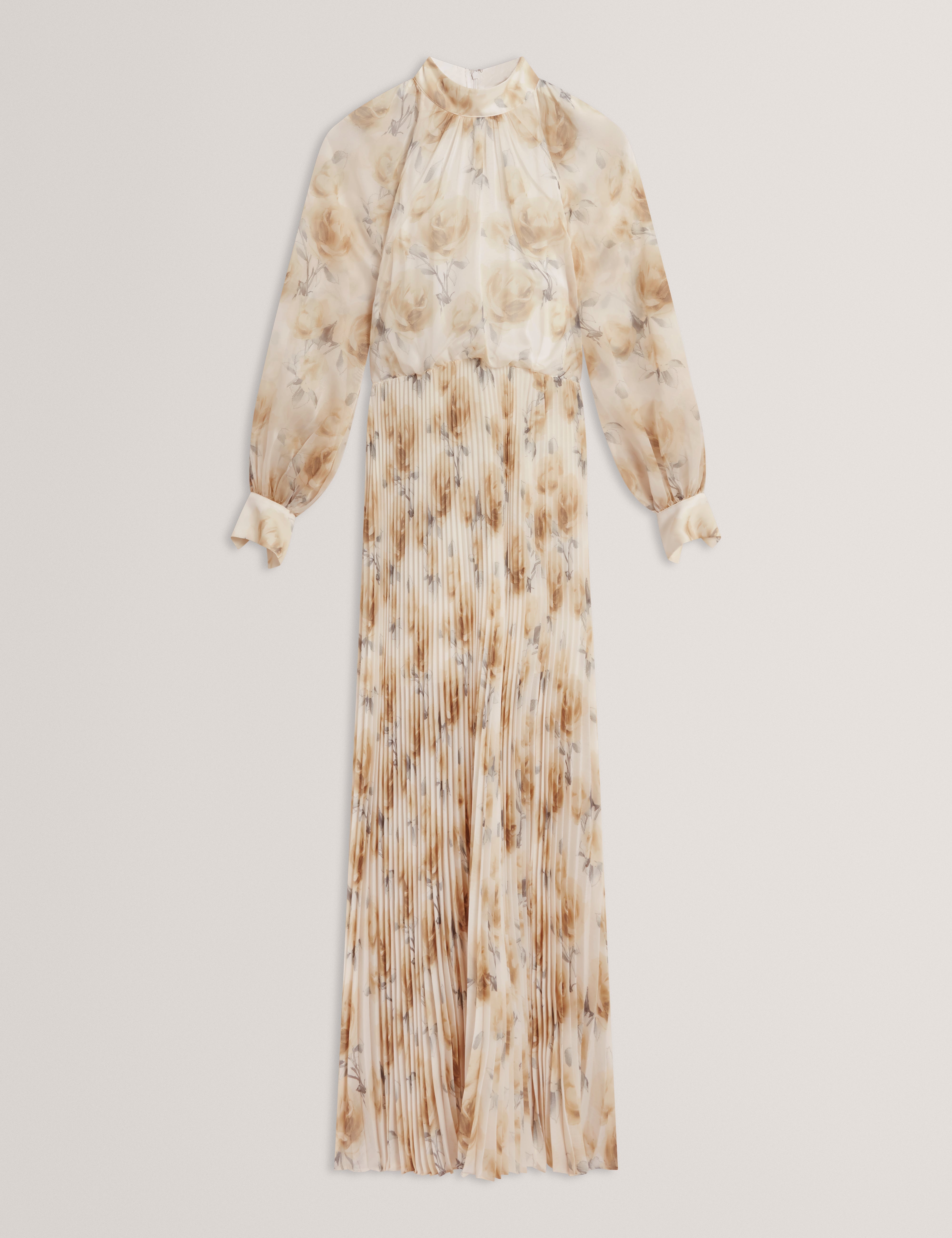 فستان باتسي ماكسي زهري بأكمام طويلة وتفاصيل ربطة عنق باللون العاجي