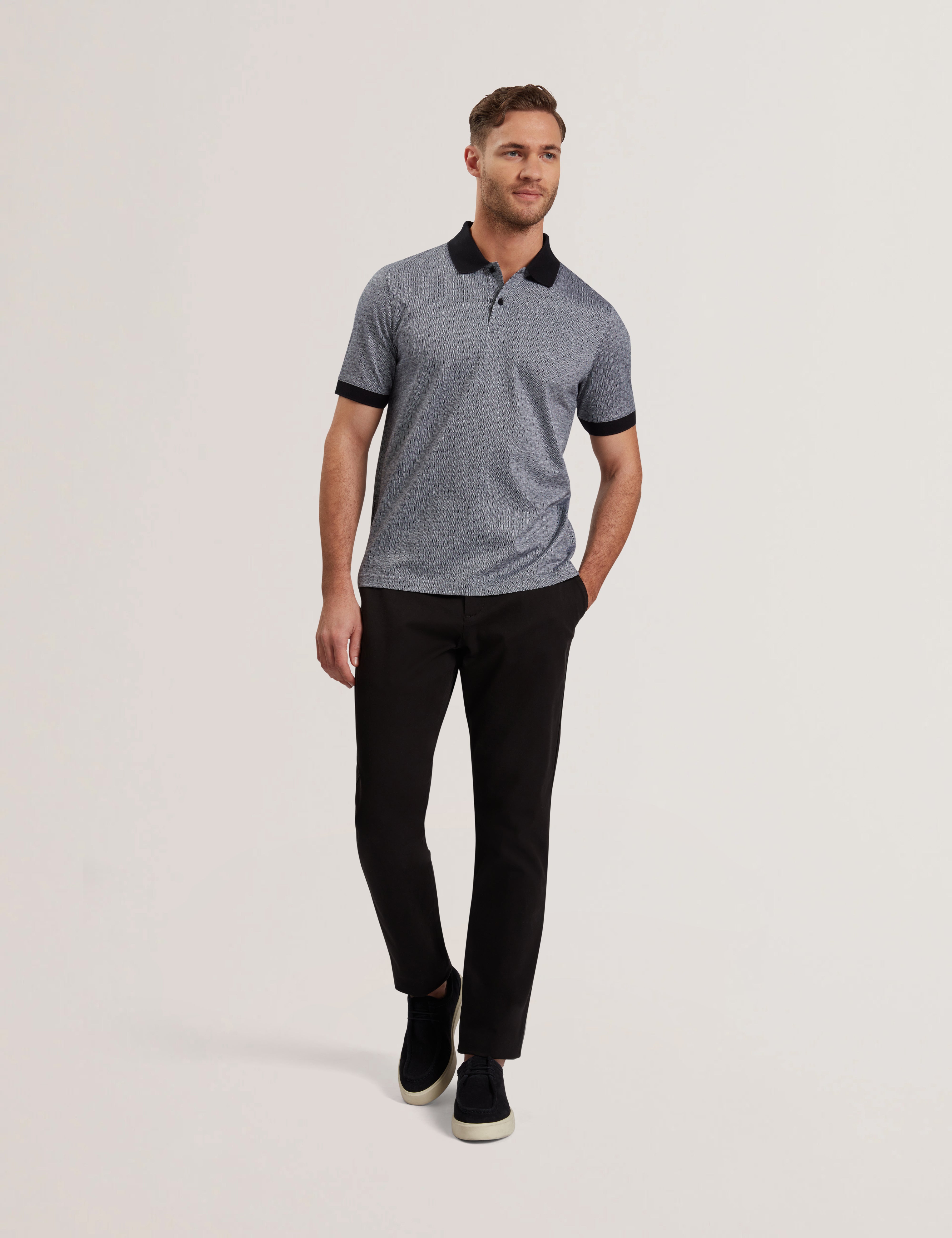Auguso Short Sleeve Regular Tonal Jacquard Polo Shirt Navy