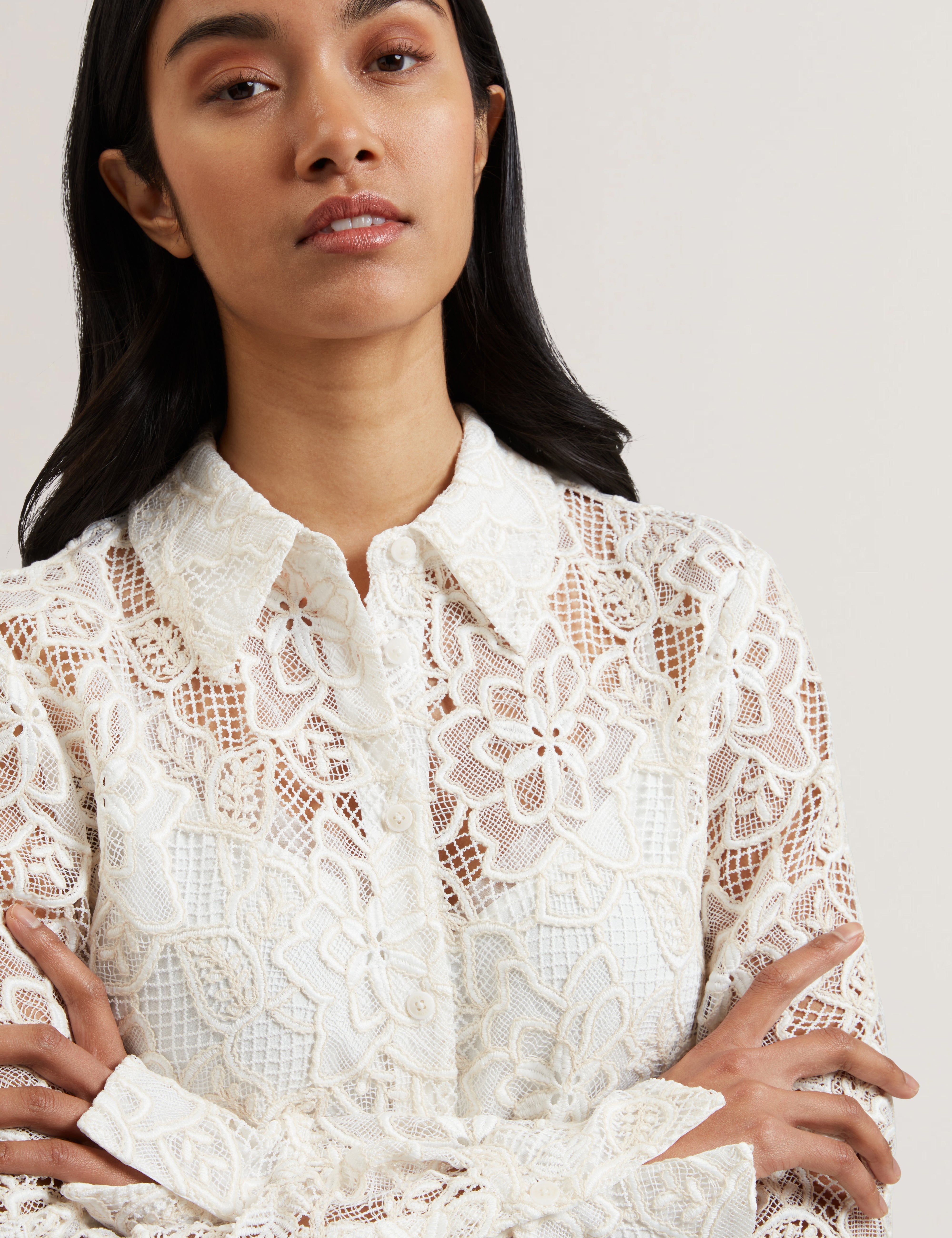 Blond Long Line Lace Shirt Ivory