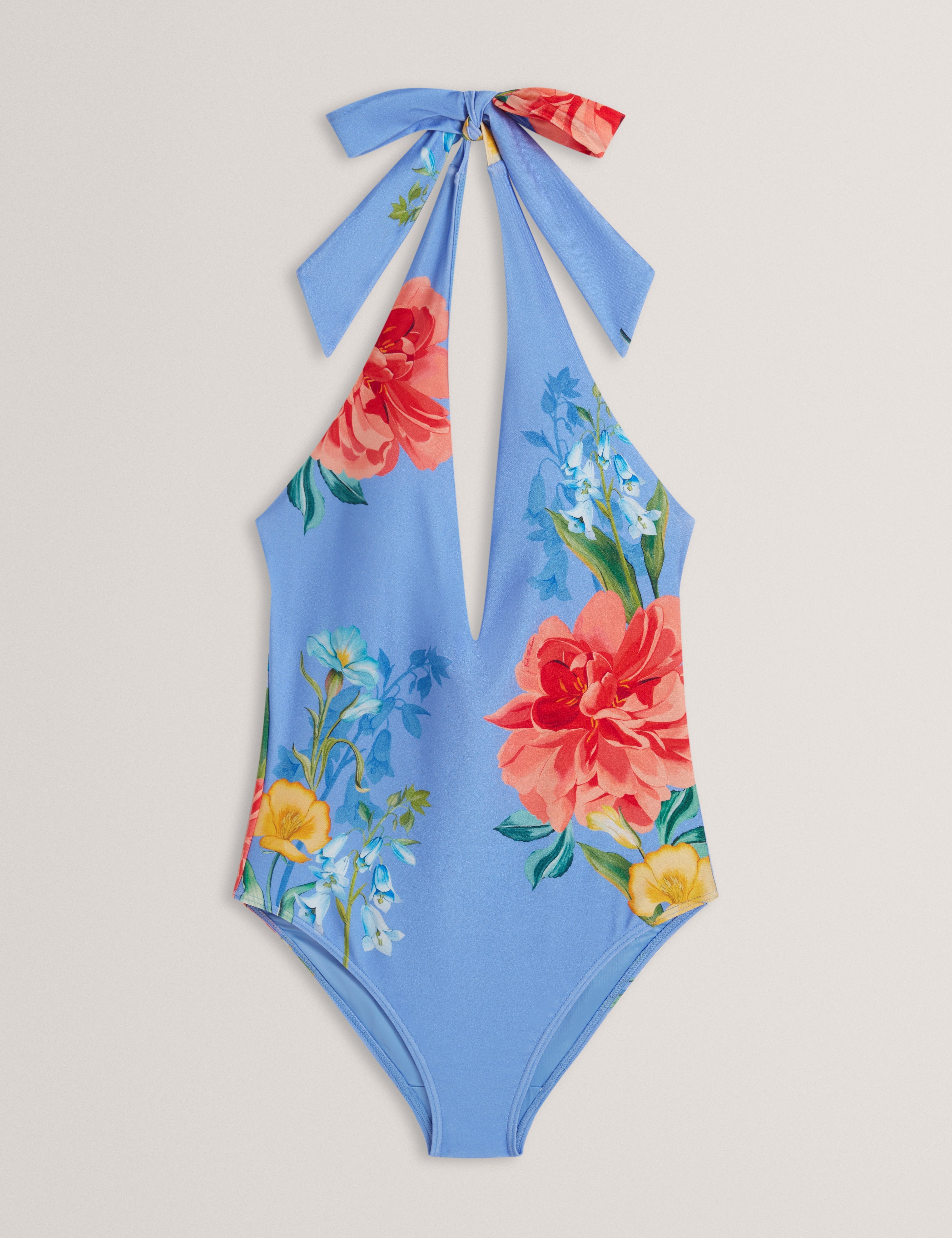 Clovva Printed Plunge Halter Neck Swimsuit Brt-Blue