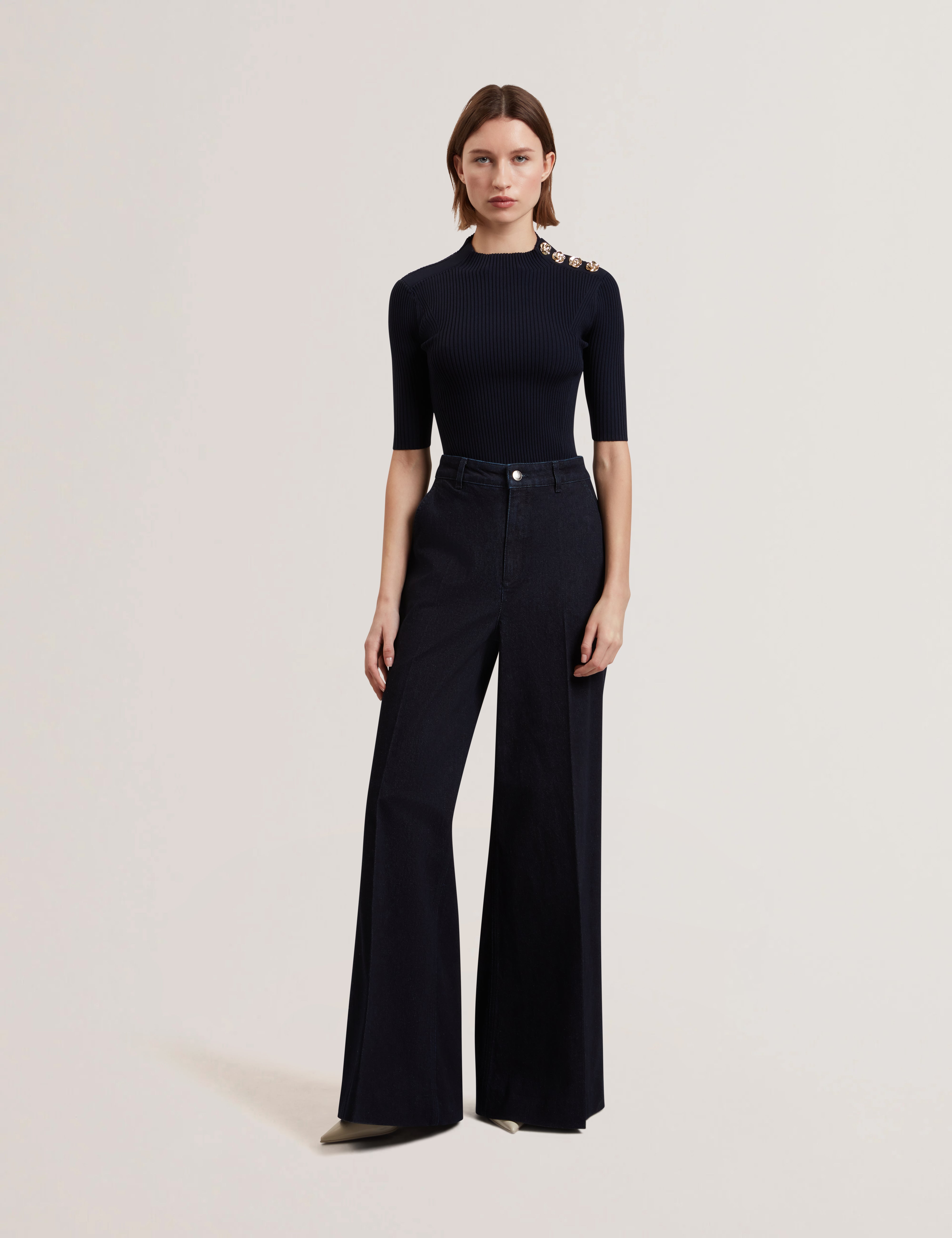 Eeliia Rose Button Detail Short Sleeve Top Navy