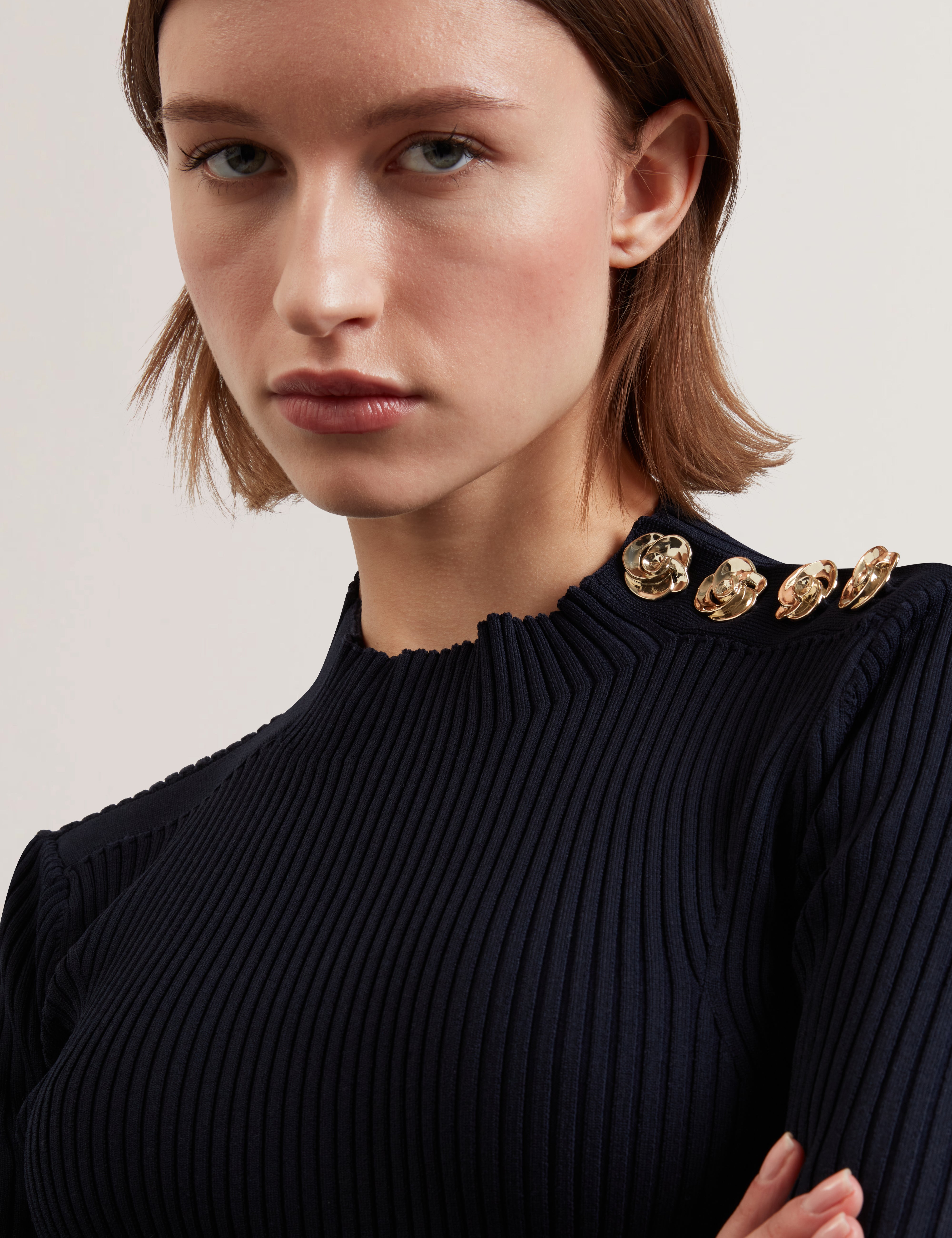 Eeliia Rose Button Detail Short Sleeve Top Navy