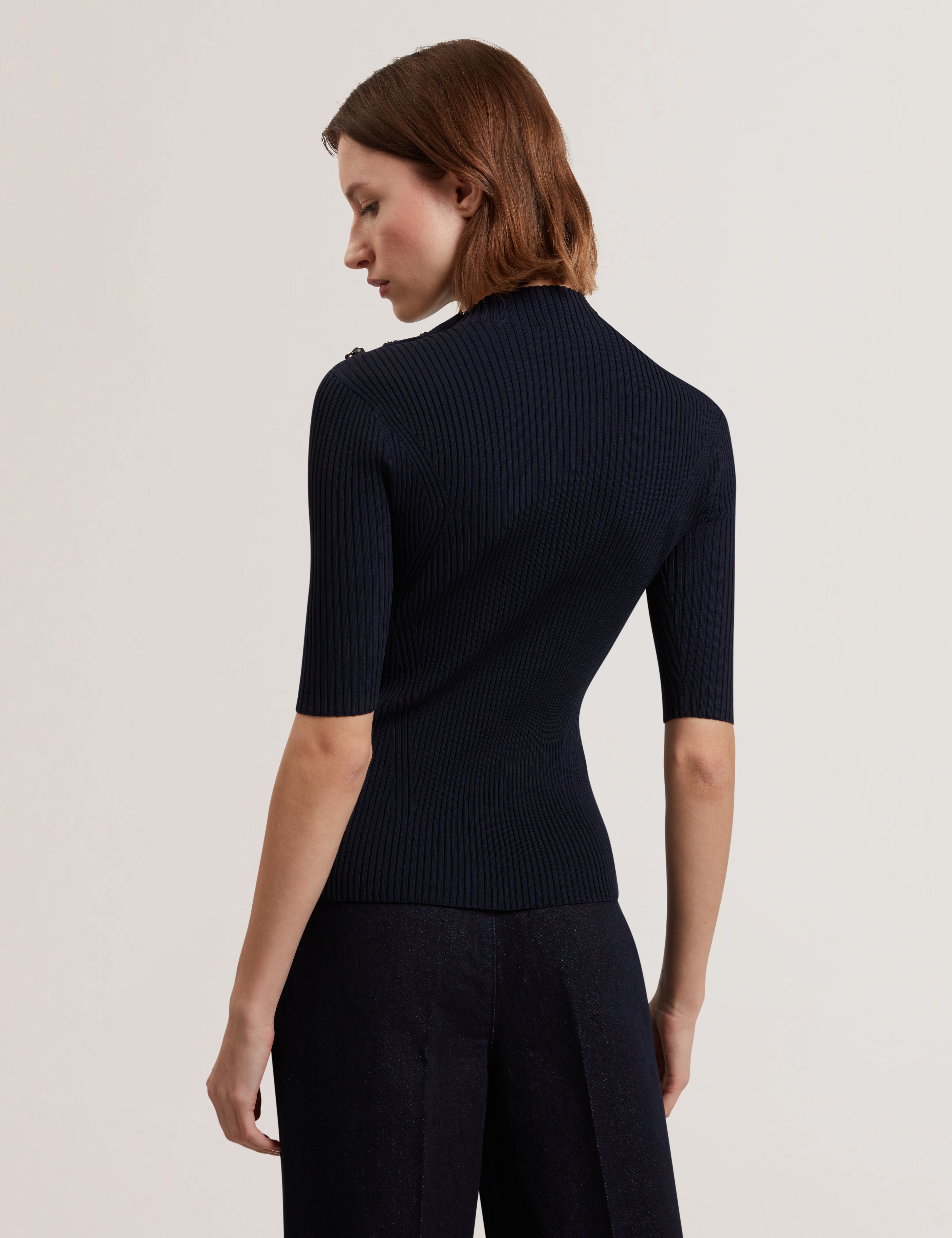 Eeliia Rose Button Detail Short Sleeve Top Navy