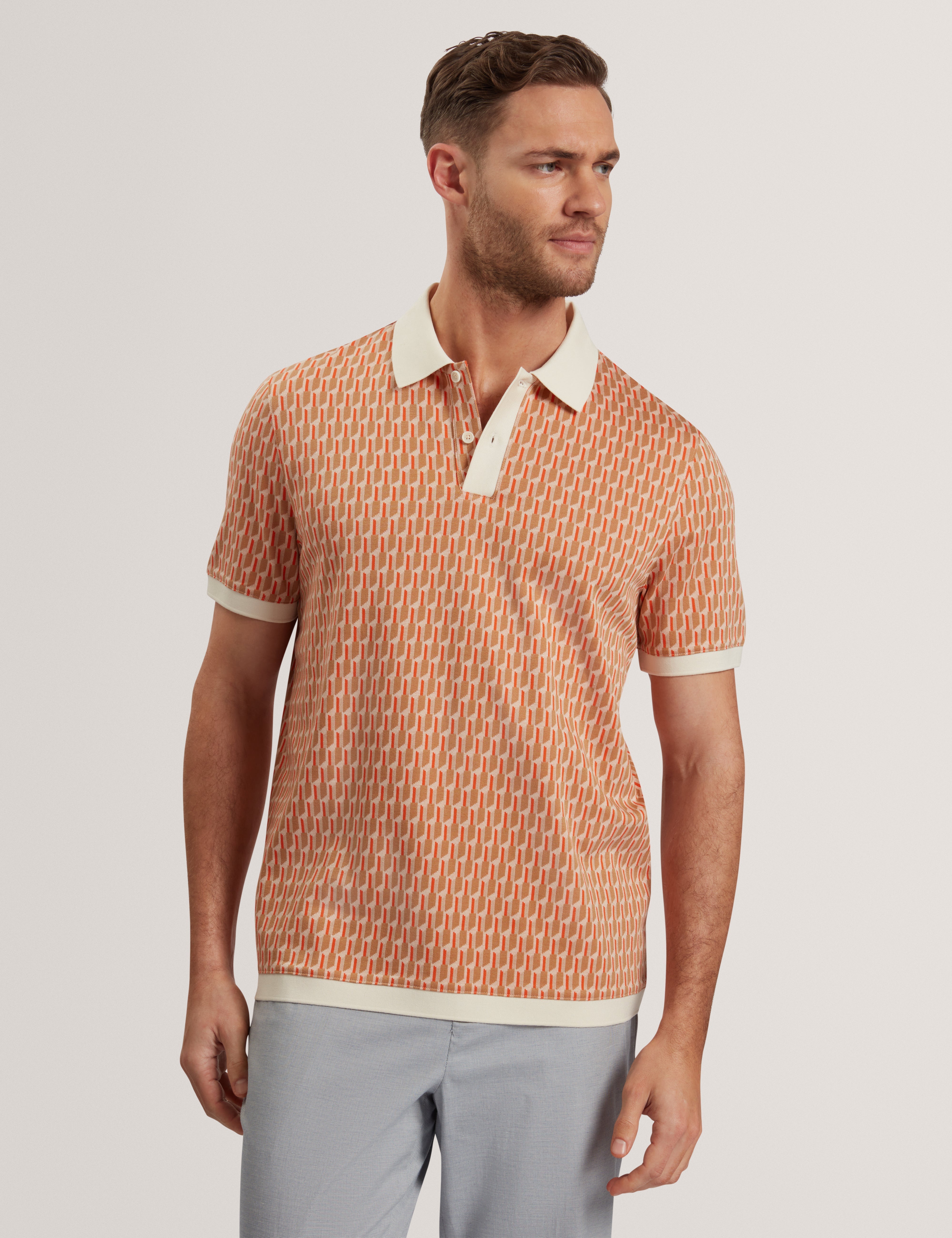 Hamishs Short Sleeve Jacquard Stripe Geo Polo Camel