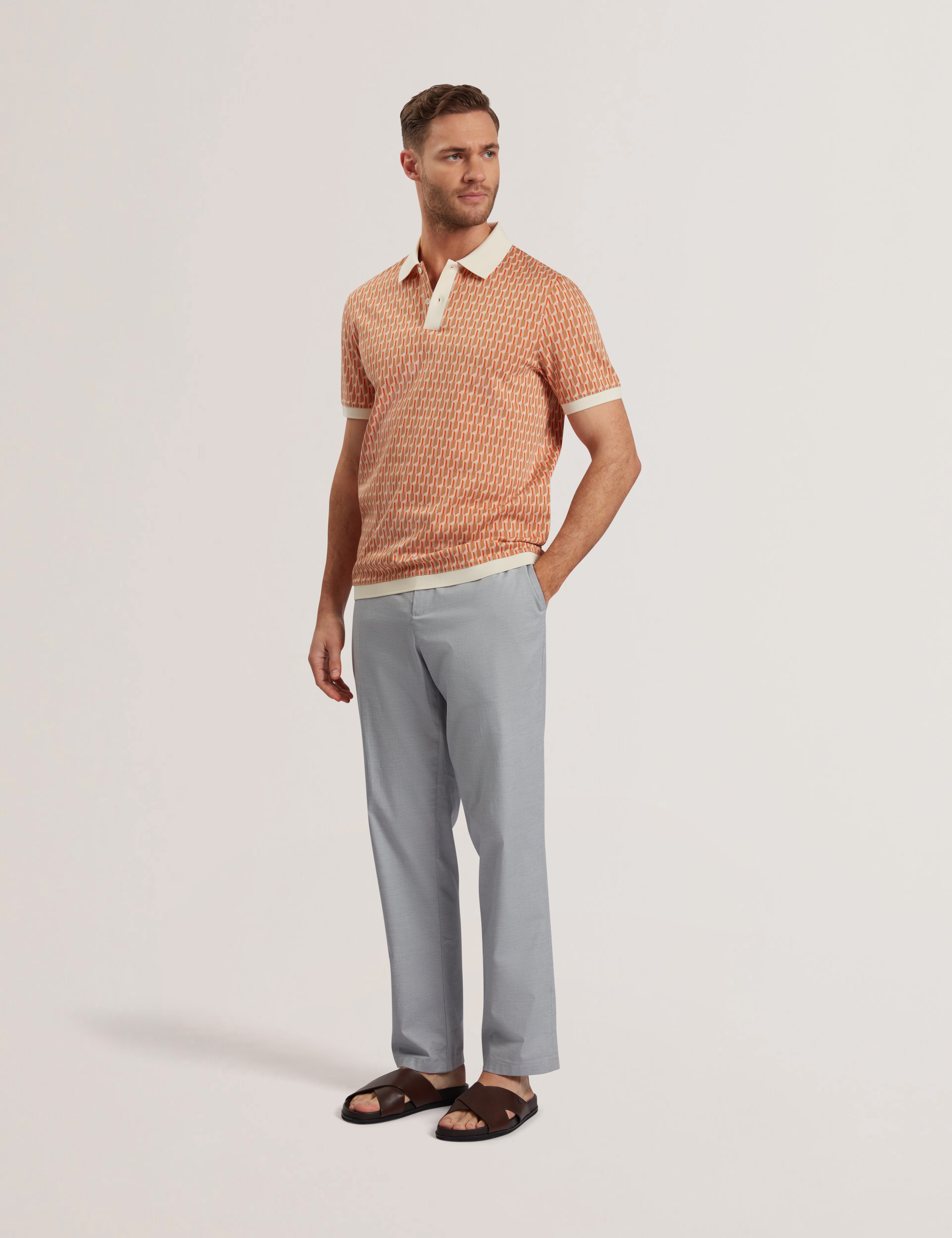 Hamishs Short Sleeve Jacquard Stripe Geo Polo Camel