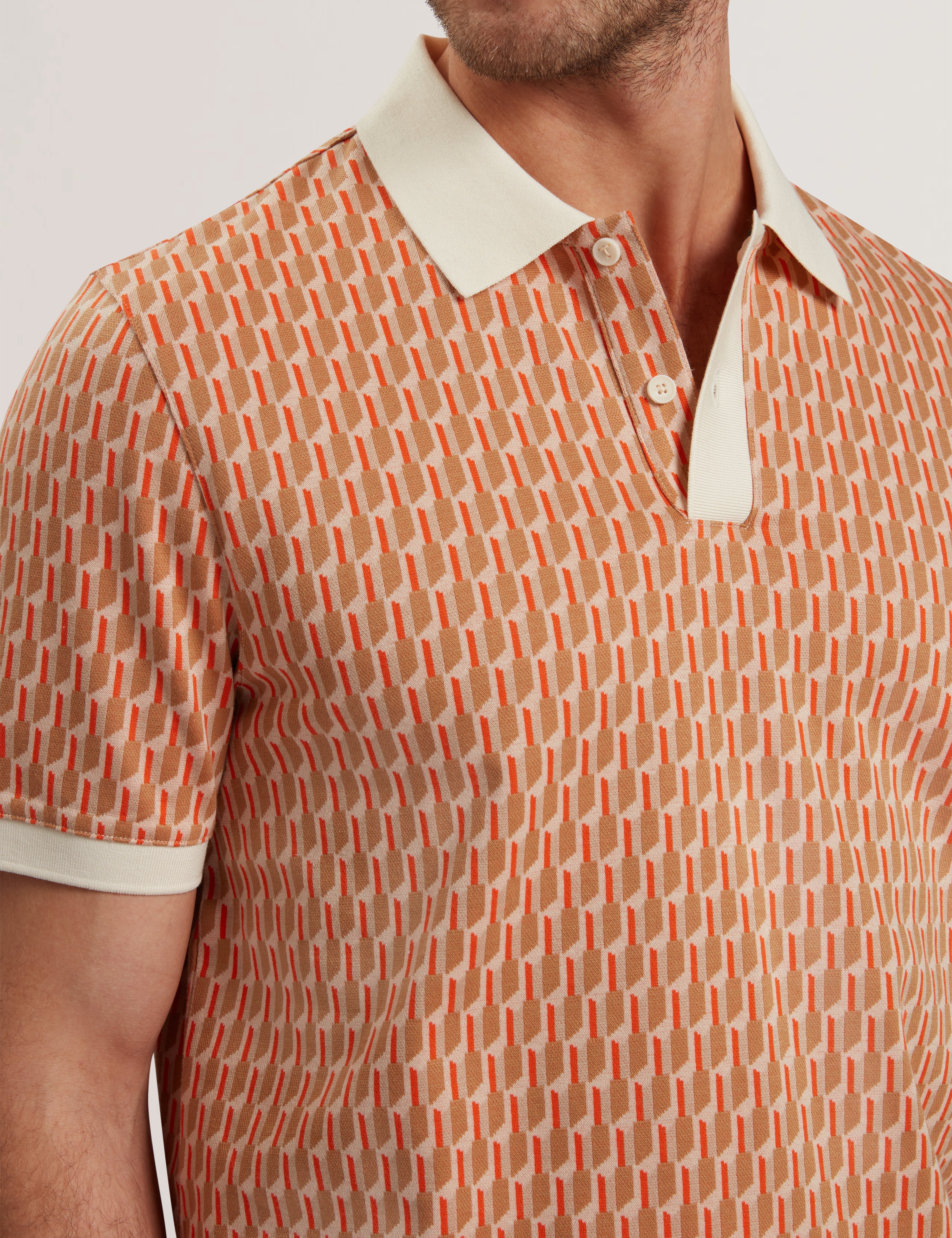 Hamishs Short Sleeve Jacquard Stripe Geo Polo Camel