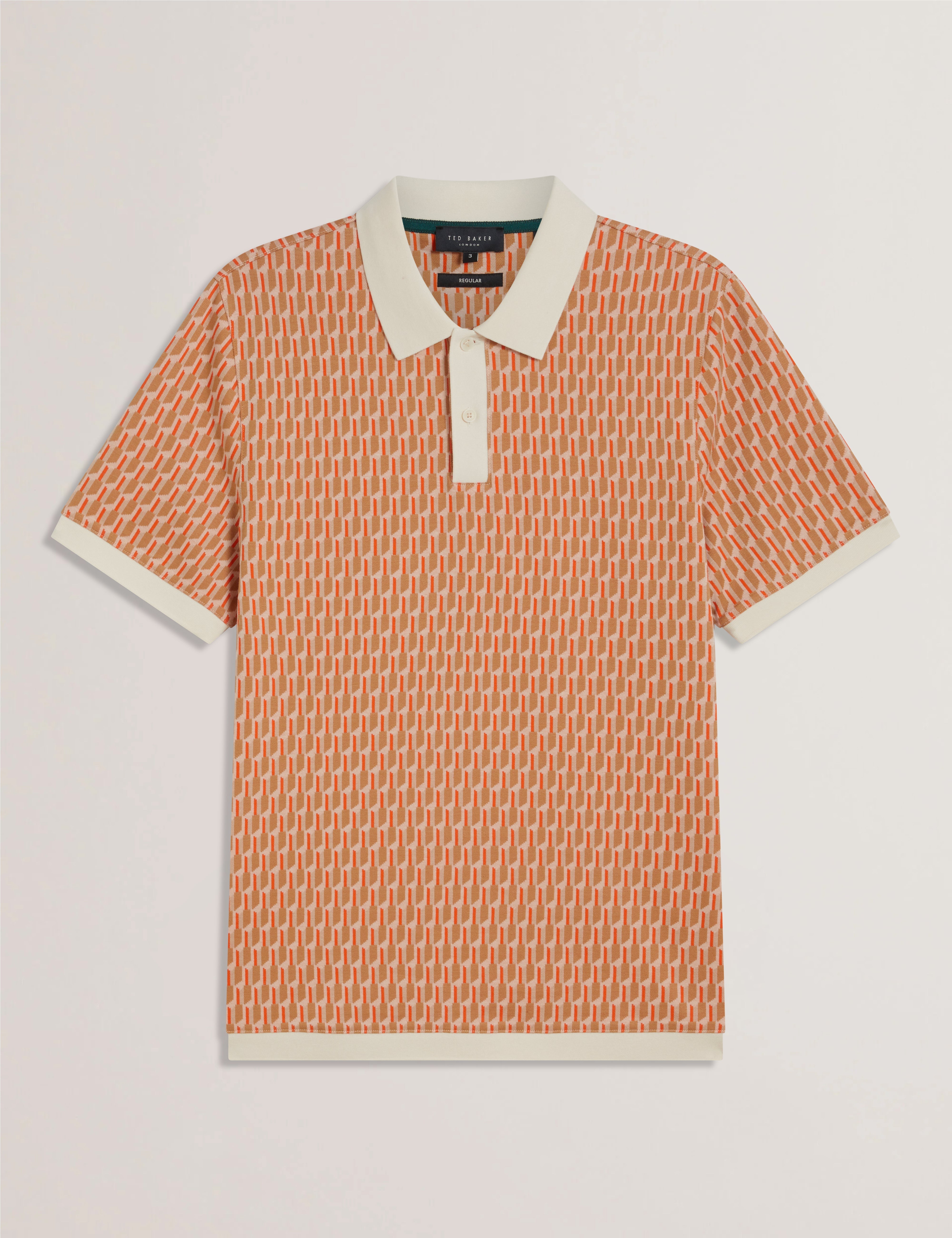 Hamishs Short Sleeve Jacquard Stripe Geo Polo Camel