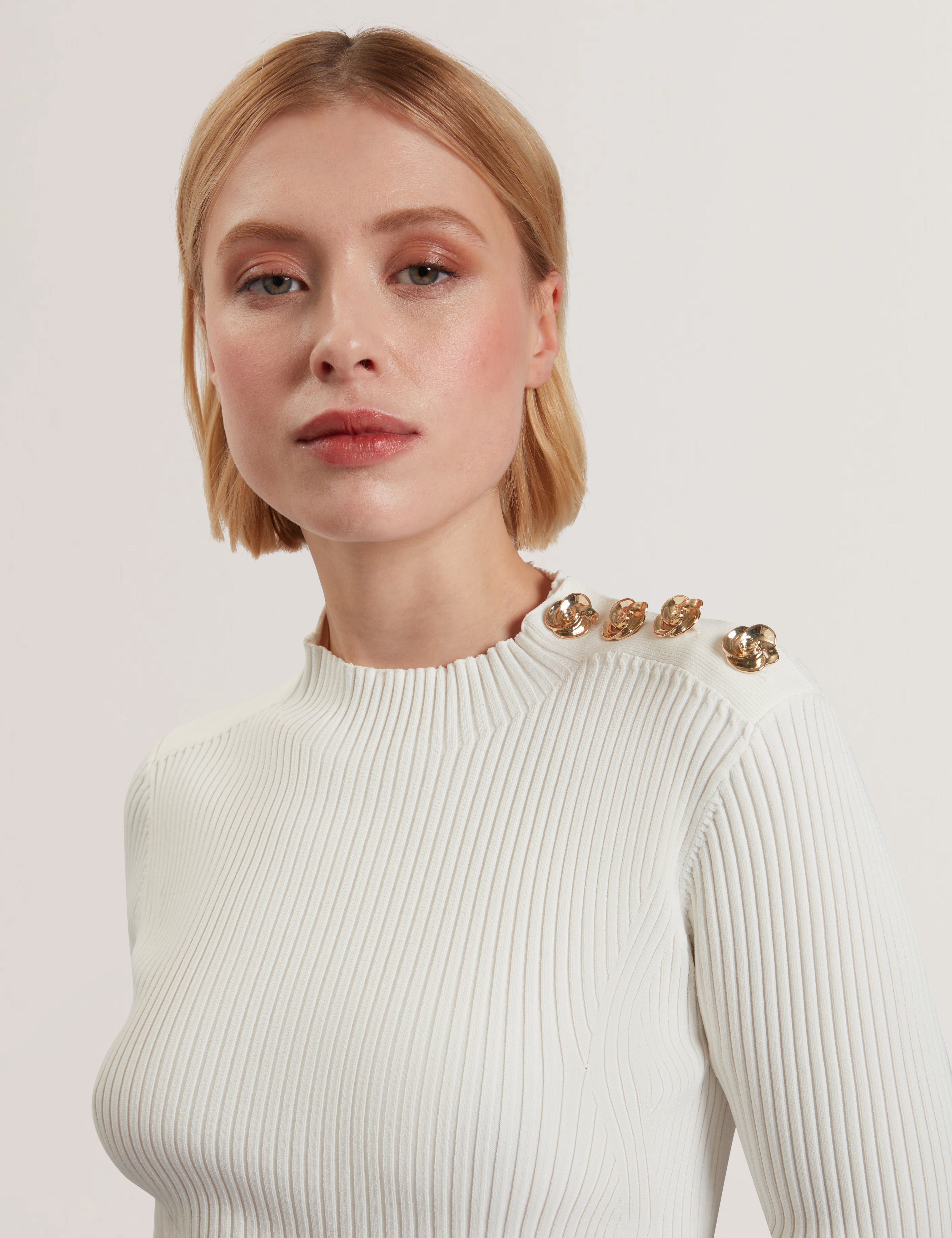 Lilano Ribbed Knit Button Detail Skater Dress Ivory