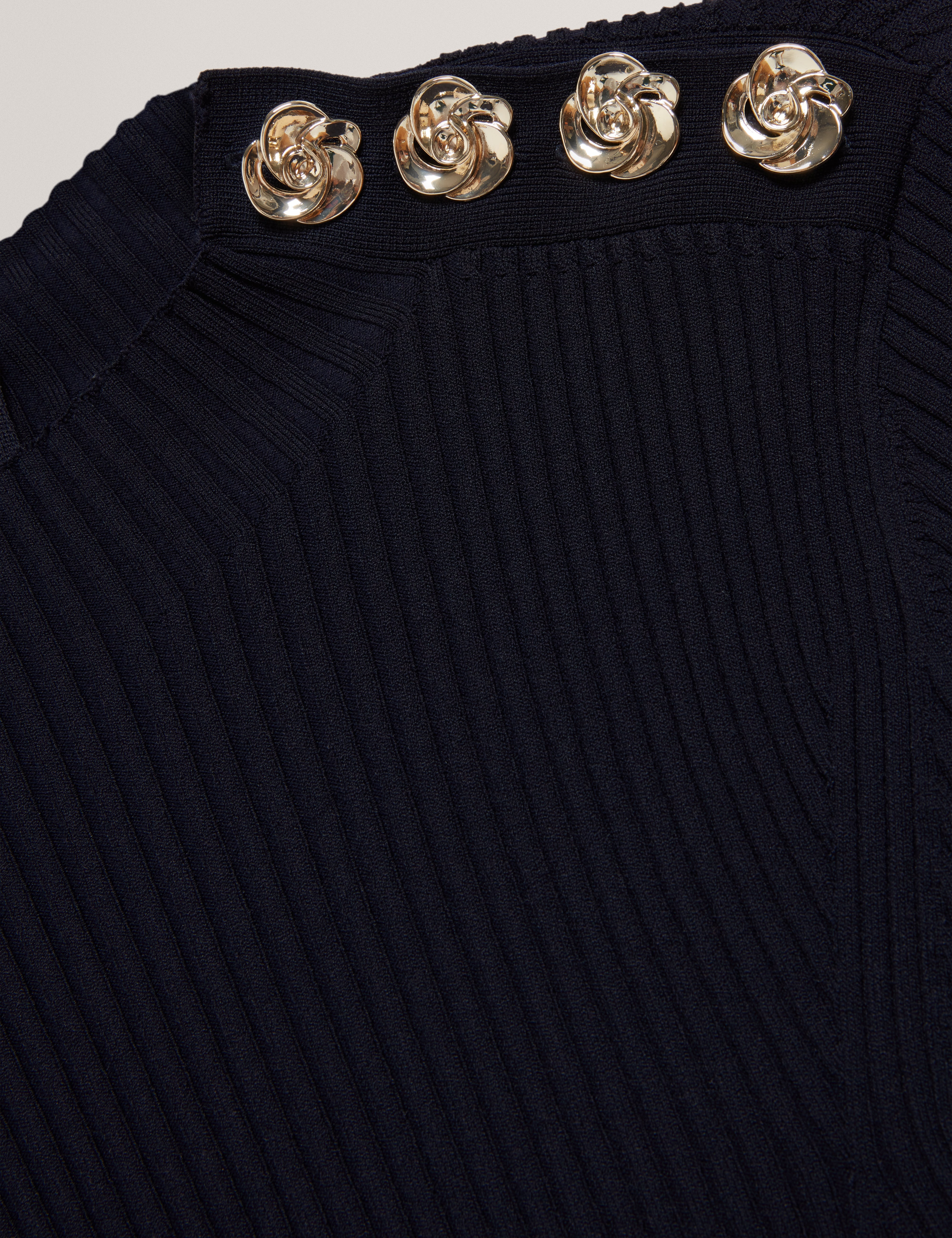 Lilano Ribbed Knit Button Detail Skater Dress Navy