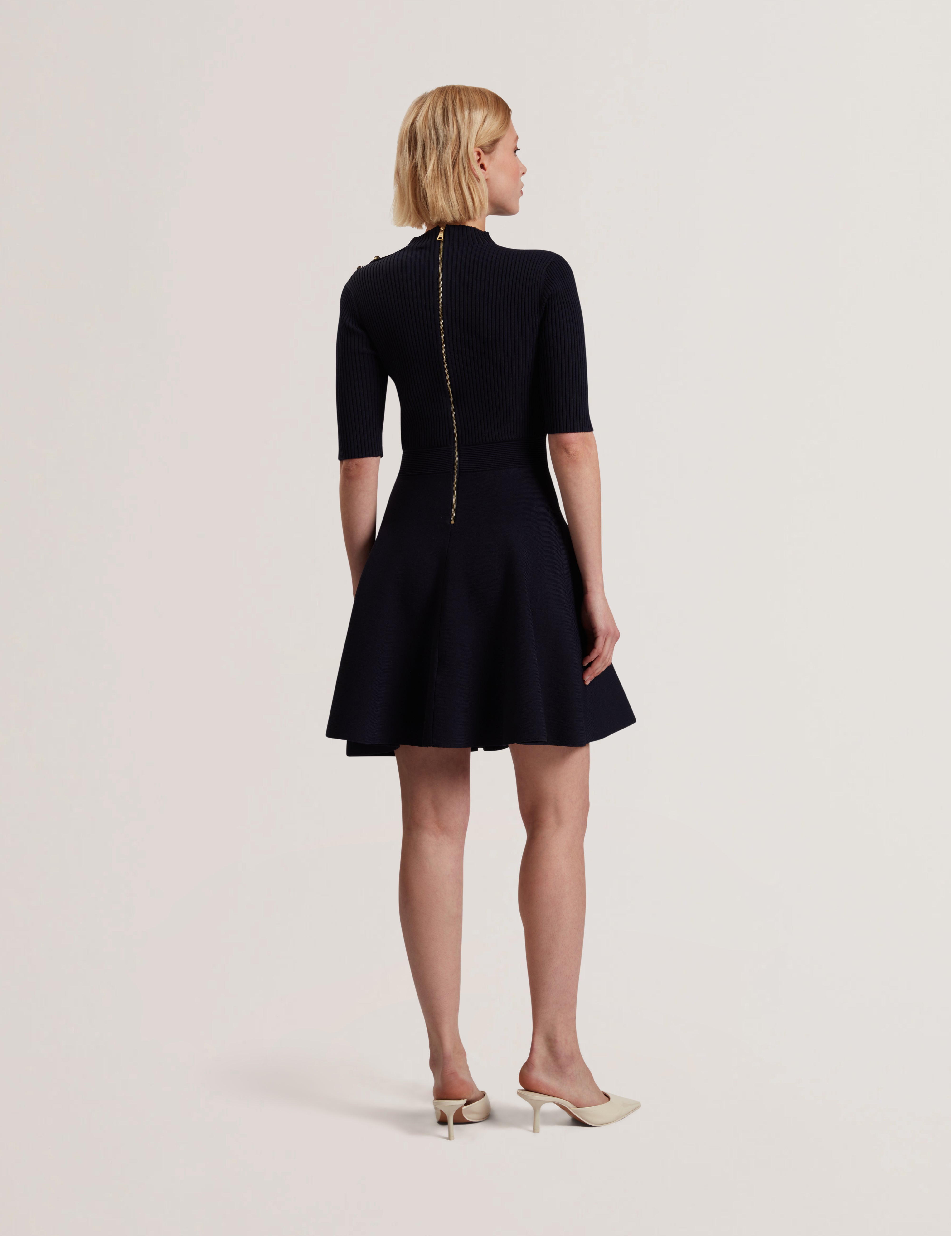 Lilano Ribbed Knit Button Detail Skater Dress Navy
