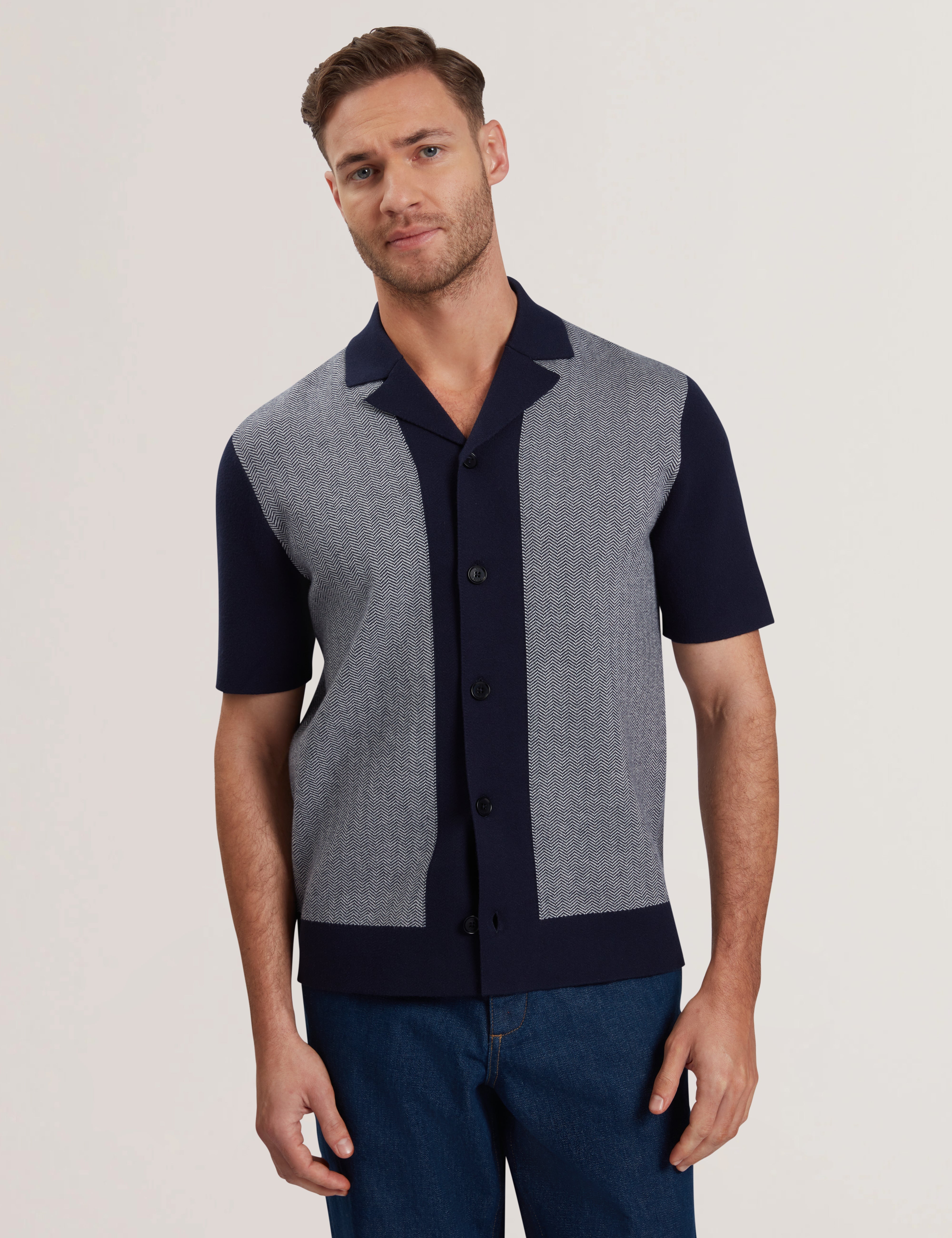 Padrig Short Sleeve Knitted Herringbone Shirt Navy
