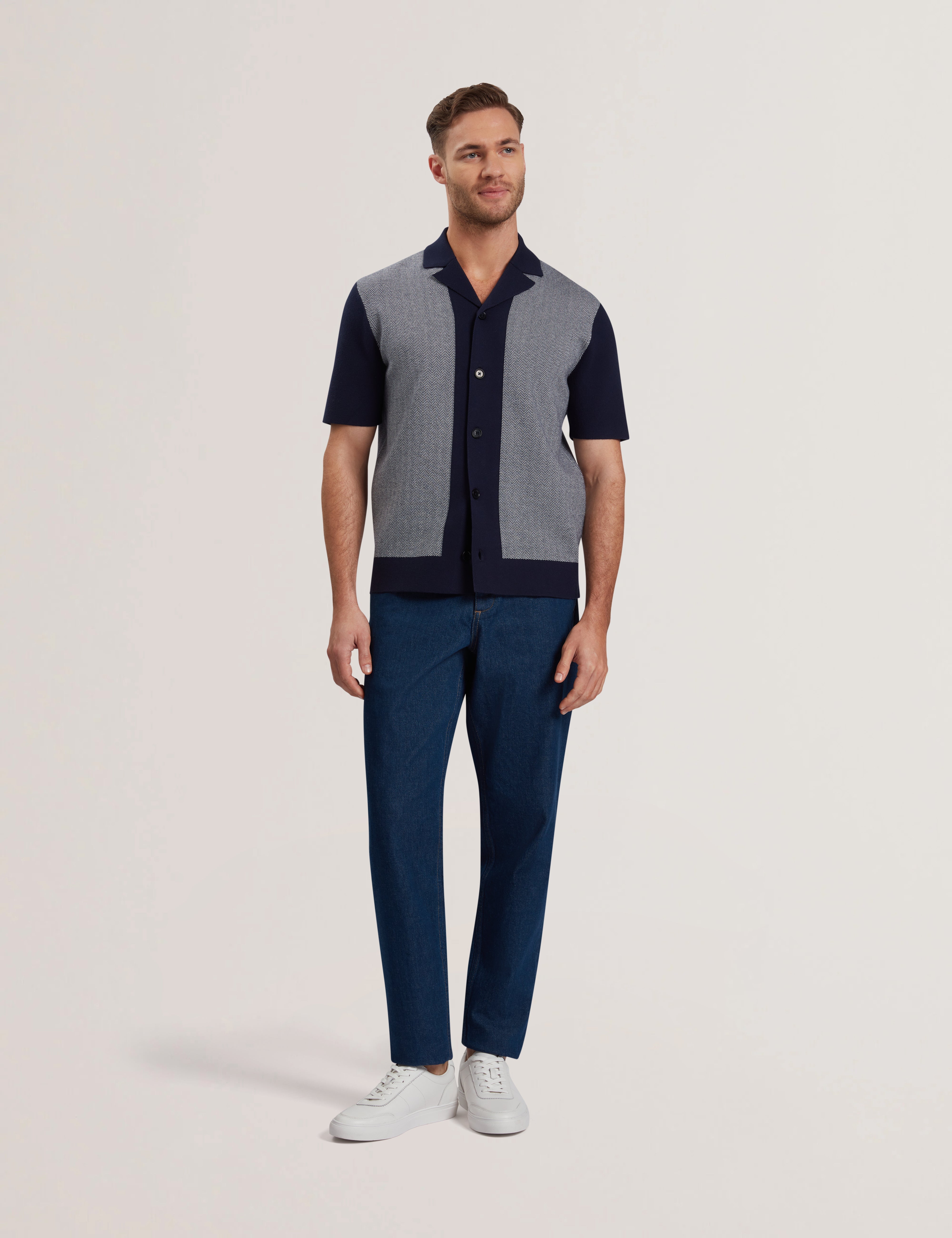 Padrig Short Sleeve Knitted Herringbone Shirt Navy