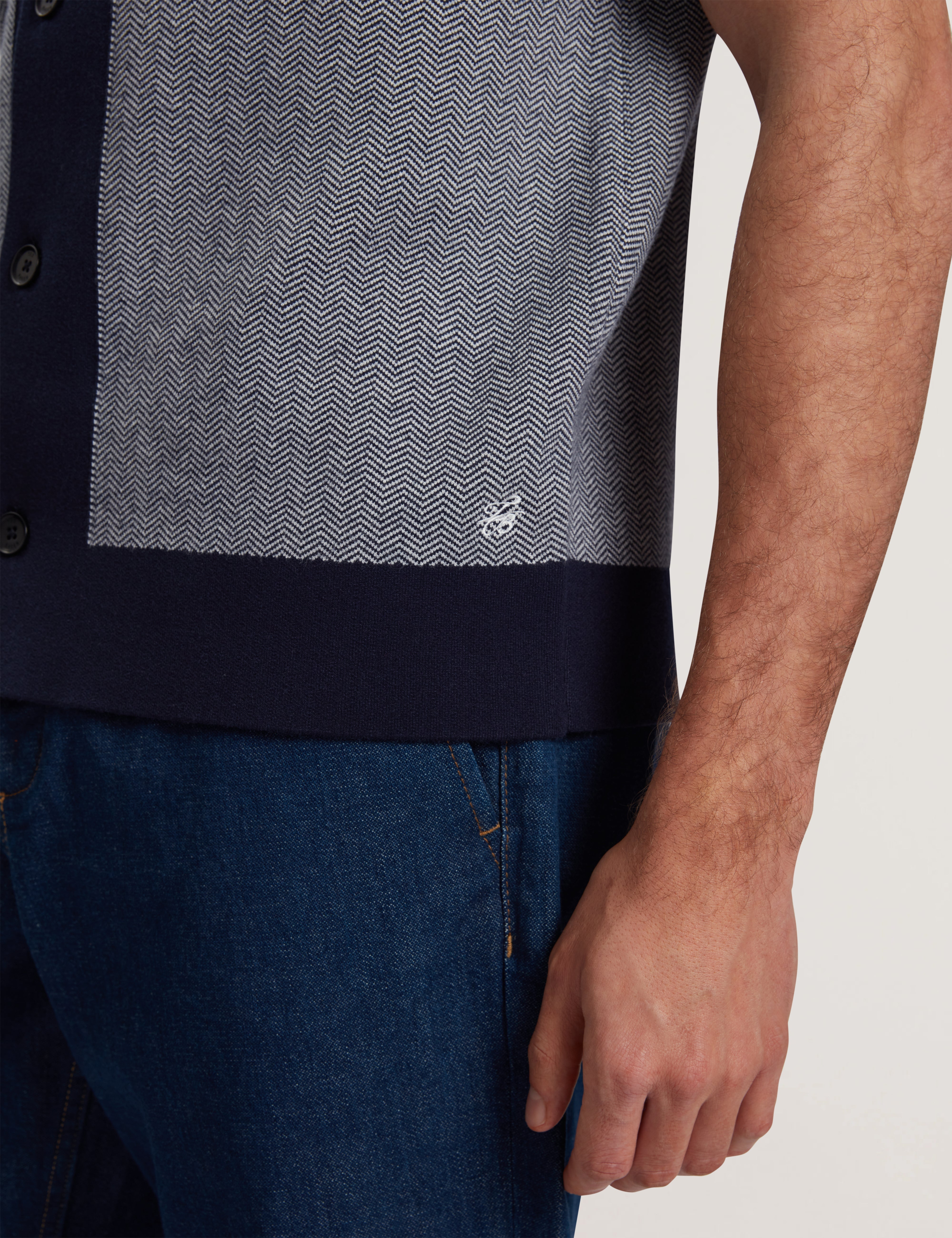 Padrig Short Sleeve Knitted Herringbone Shirt Navy