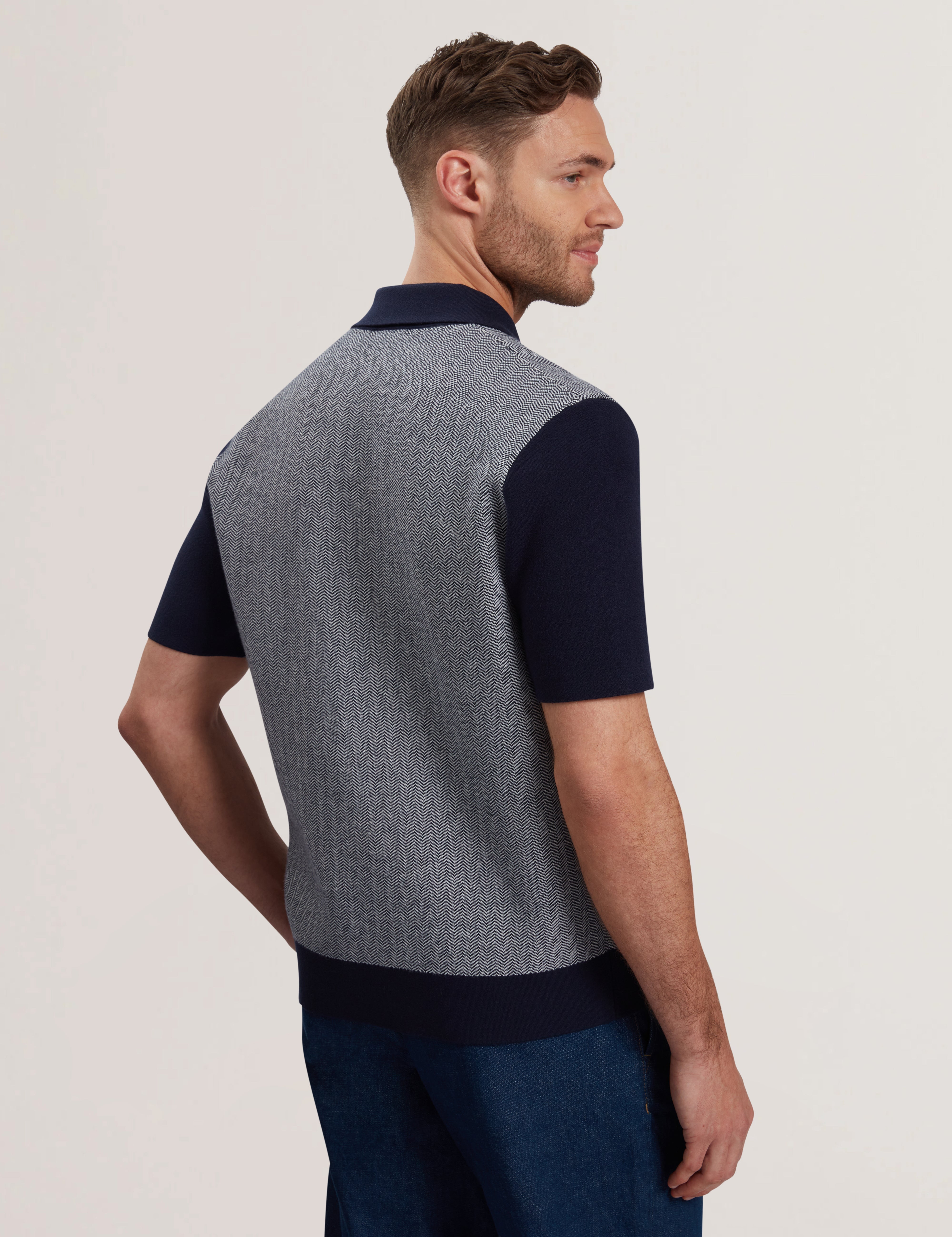 Padrig Short Sleeve Knitted Herringbone Shirt Navy