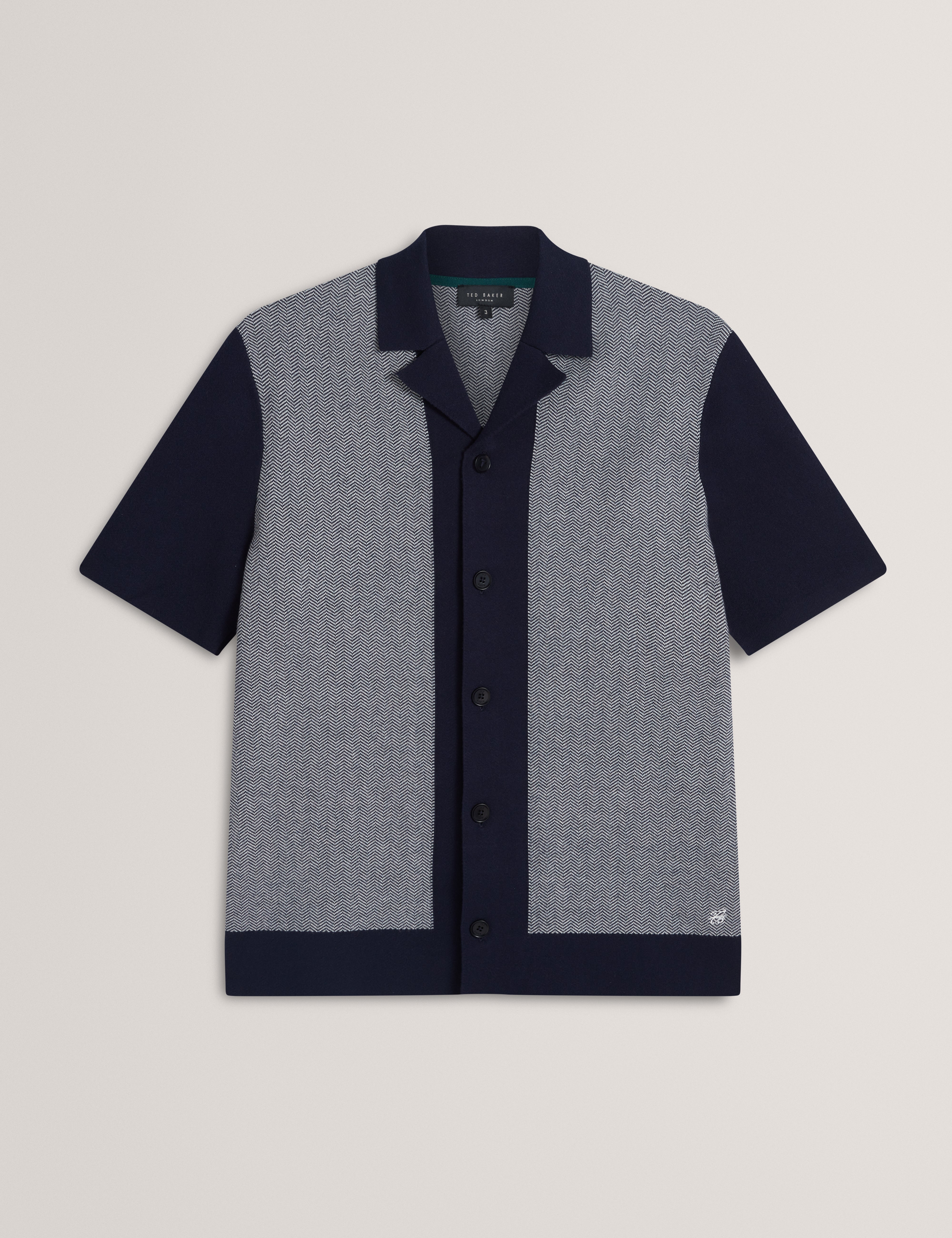Padrig Short Sleeve Knitted Herringbone Shirt Navy