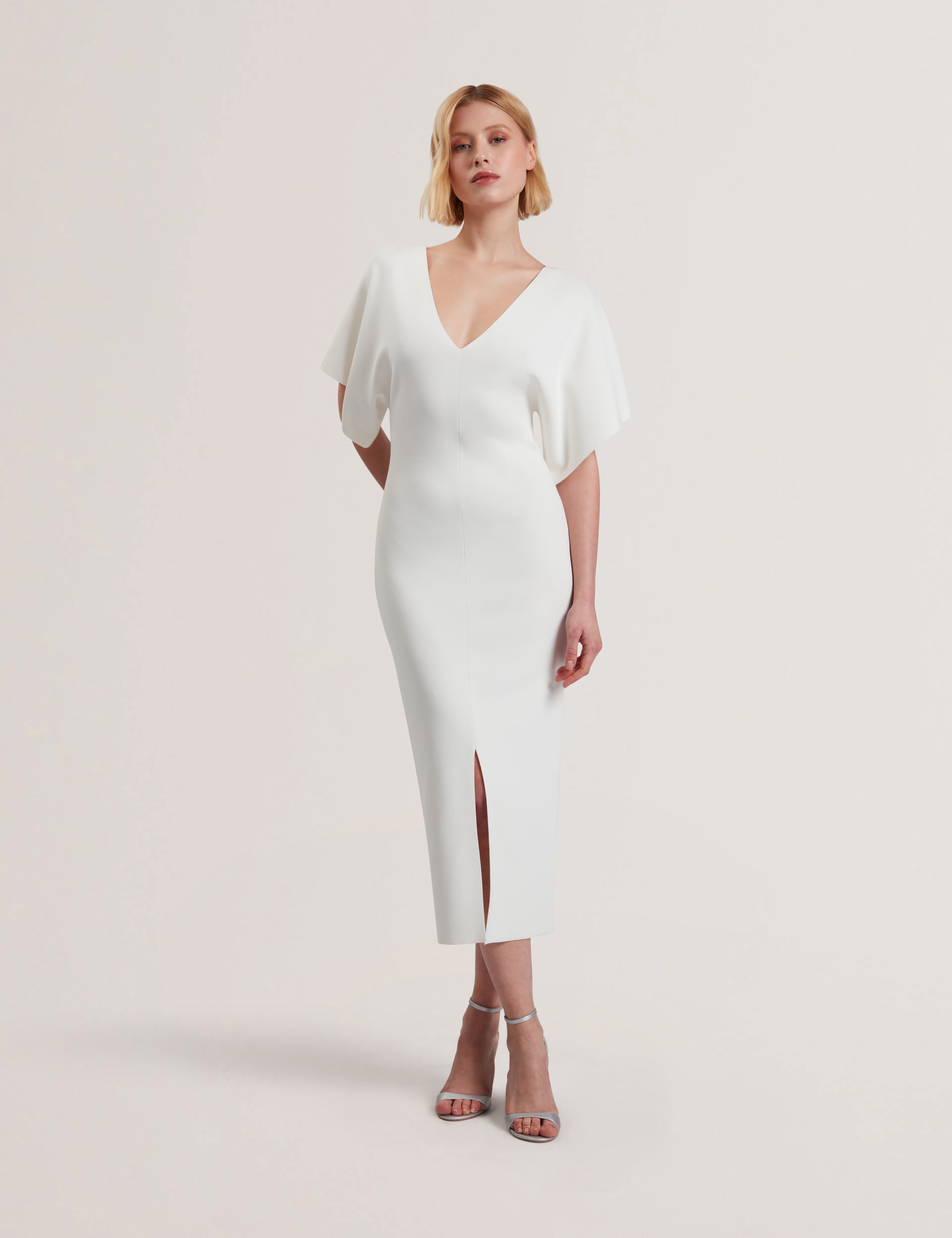 Rebexxa V-Neck Knitted Midi Dress Ivory