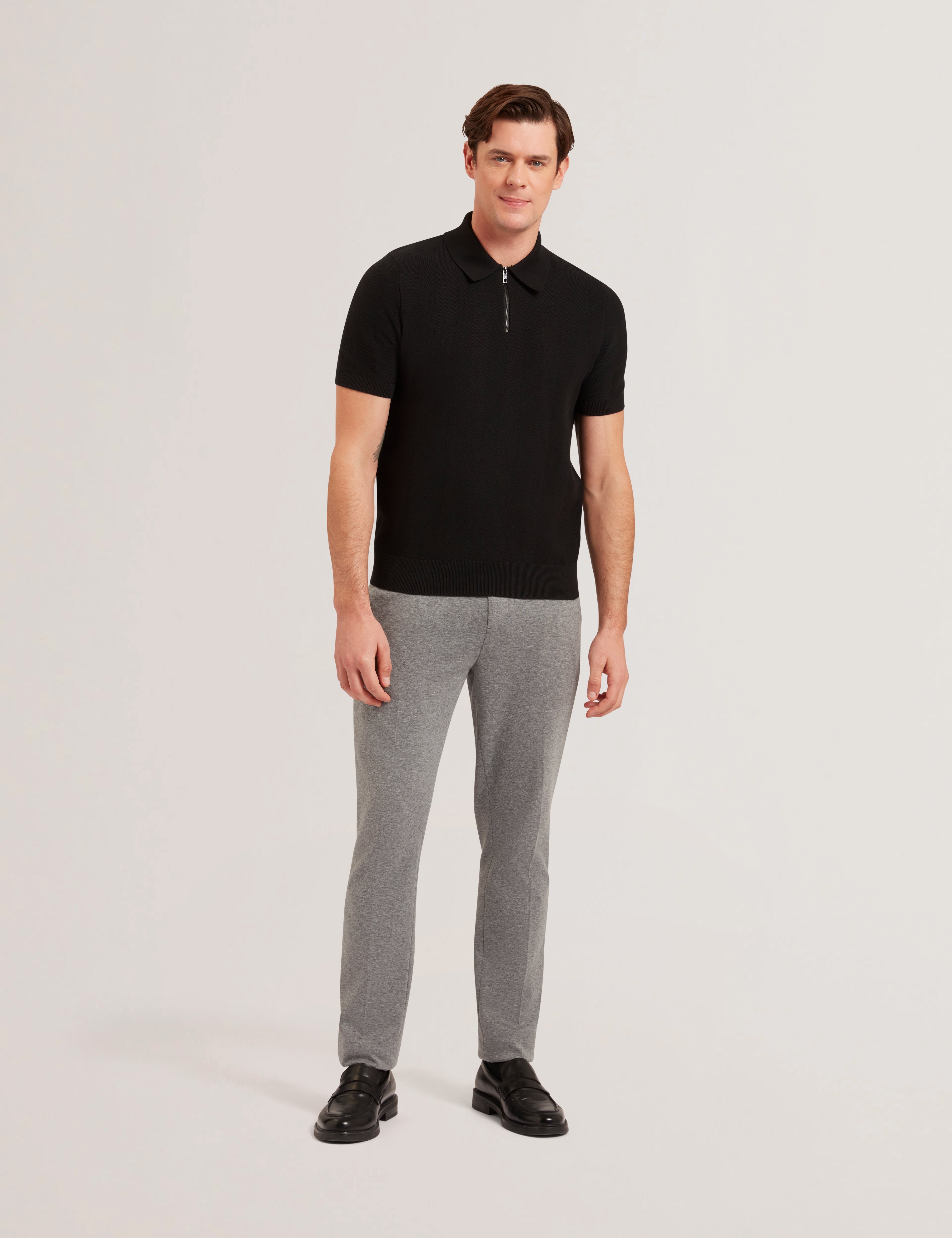 Fourd Short Sleeve Herringbone Stitch Zip Polo Black