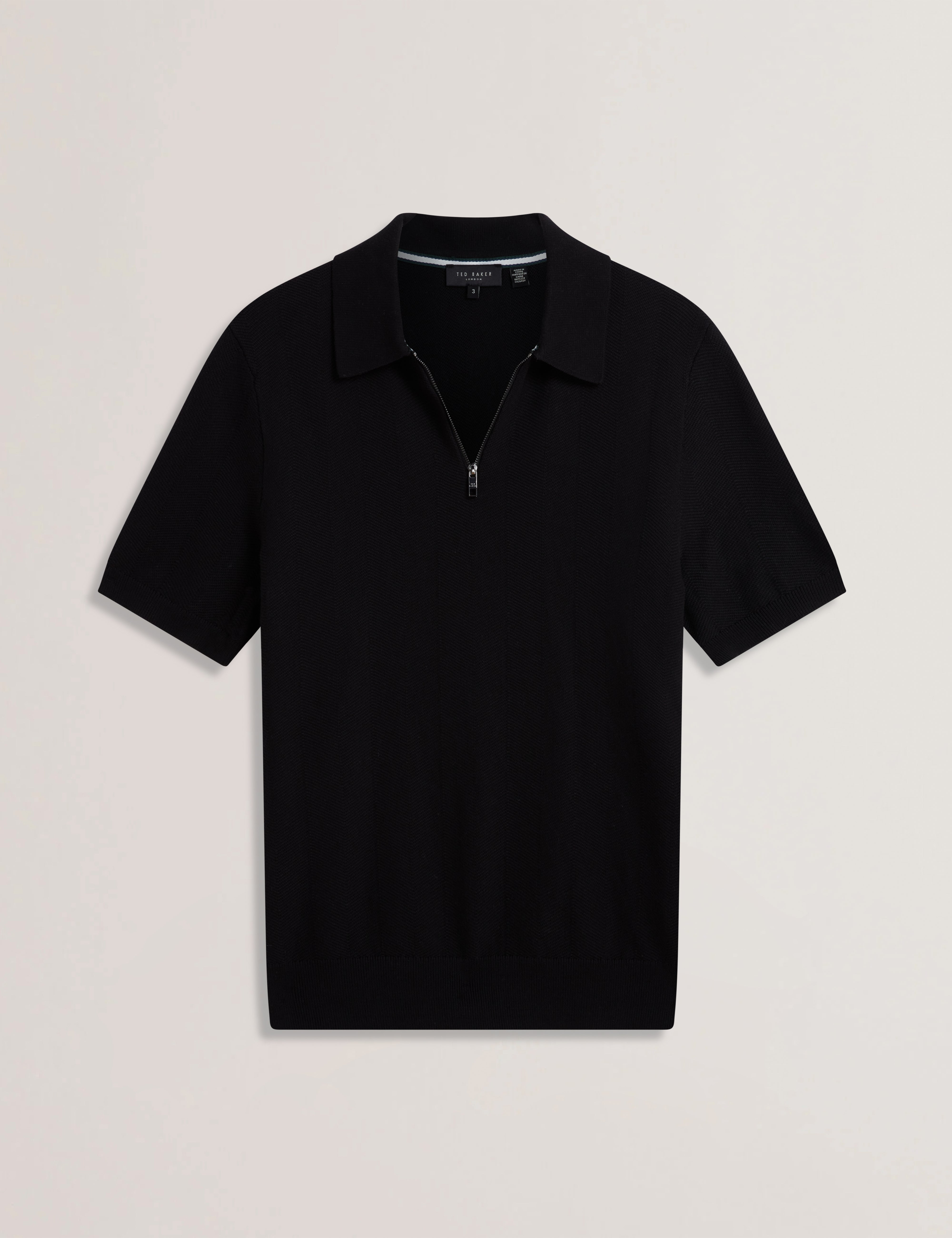 Fourd Short Sleeve Herringbone Stitch Zip Polo Black