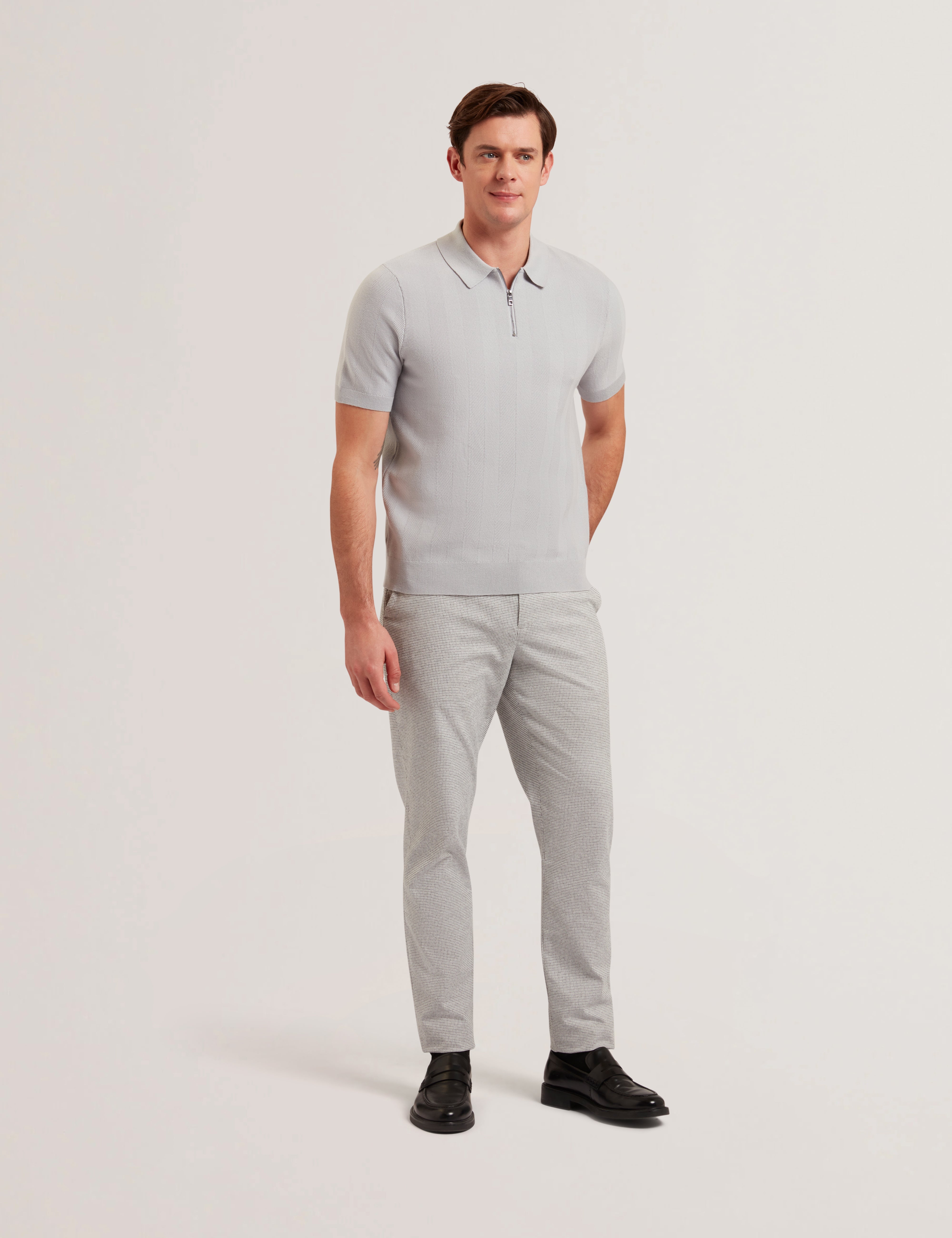 Fourd Short Sleeve Herringbone Stitch Zip Polo Grey
