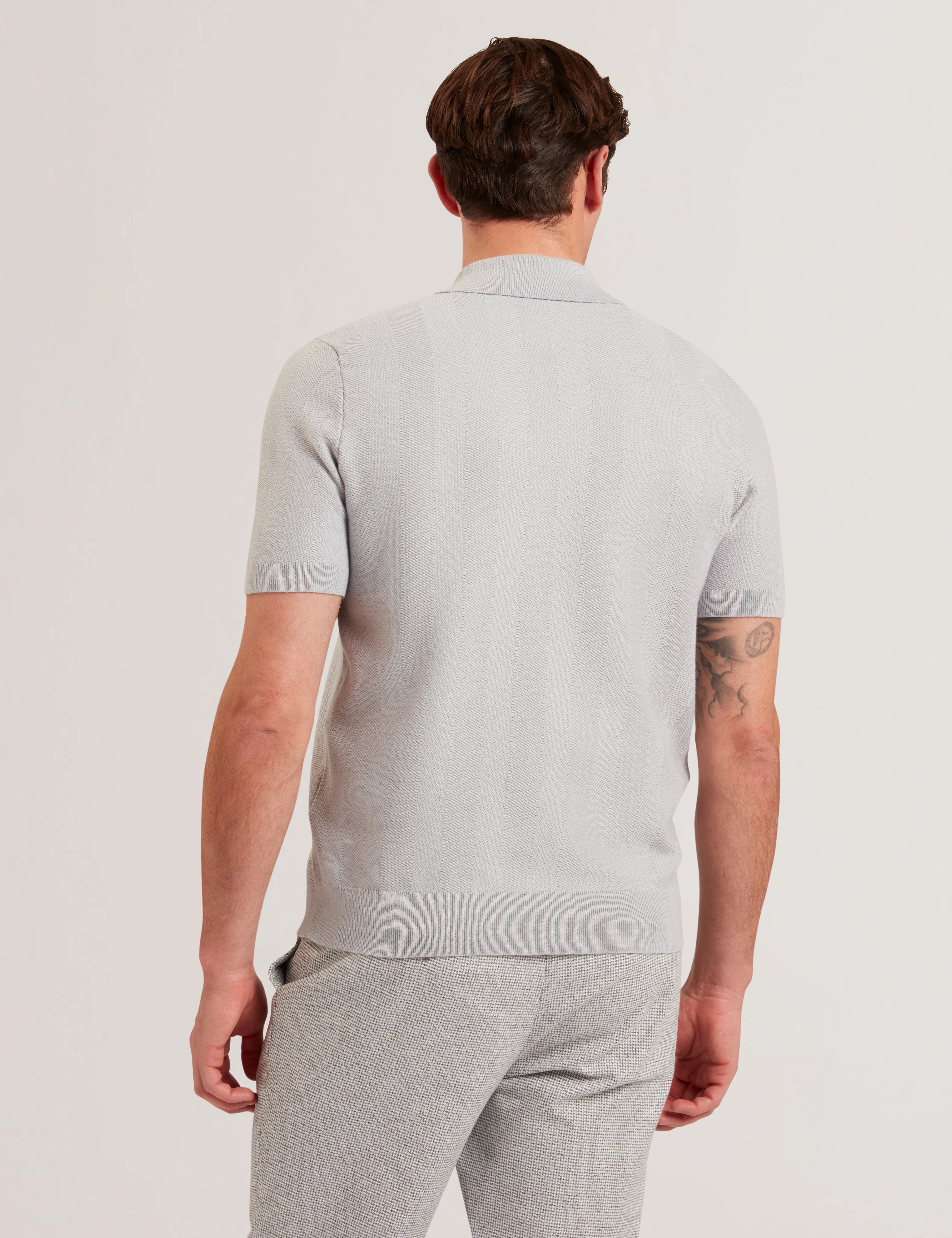 Fourd Short Sleeve Herringbone Stitch Zip Polo Grey
